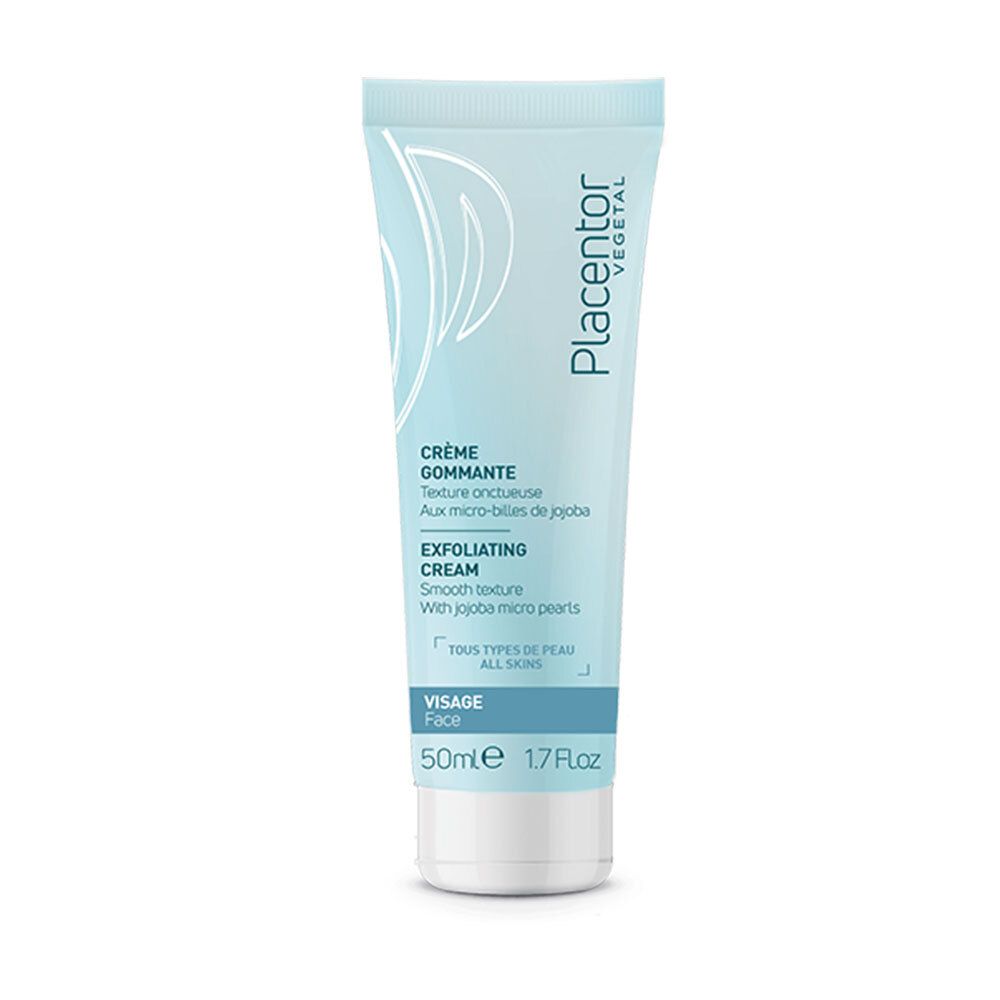 Tube bleu clair avec bouchon blanc. Inscription: Placentor Vegetal, Crème Gommante, Exfoliating Cream. 50ml.