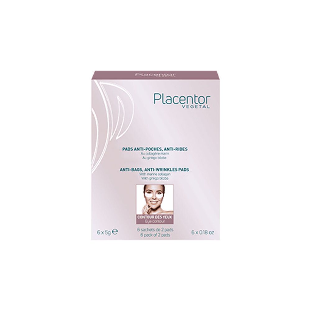 Boîte rose avec nom et désignation du produit. Contient des pads anti-poches et anti-rides. Avec l'image d'une femme.