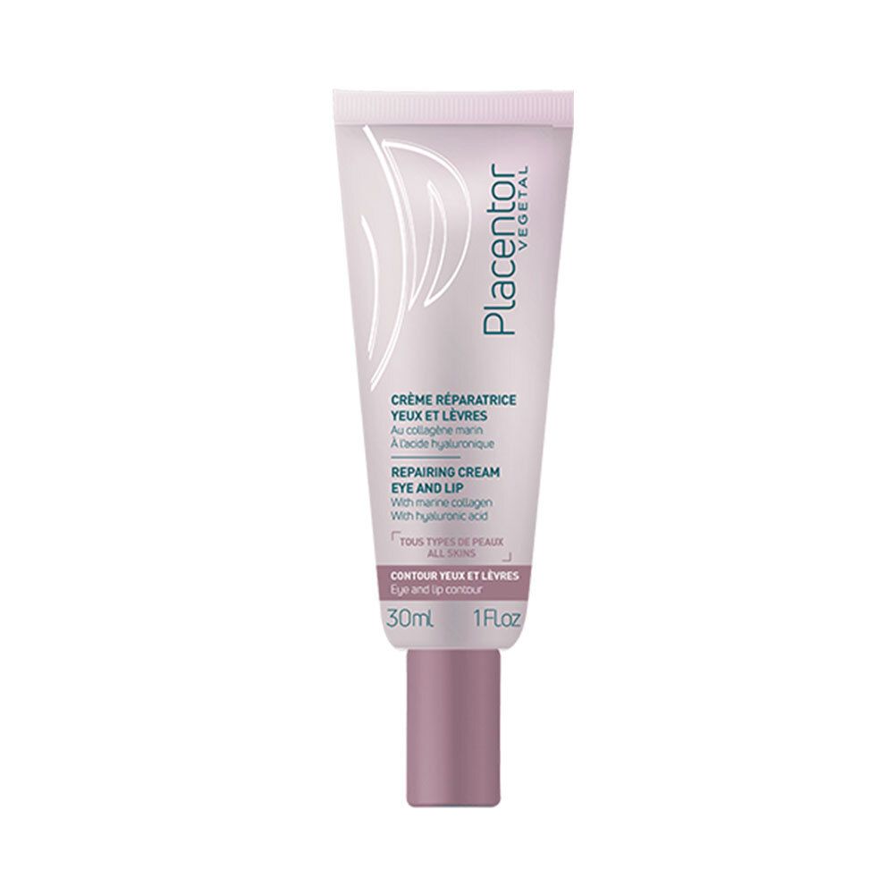 Tube de crème rose. Texte: Placentor Vegetal, Crème Réparatrice Yeux et Lèvres, Repairing Cream. 30ml.