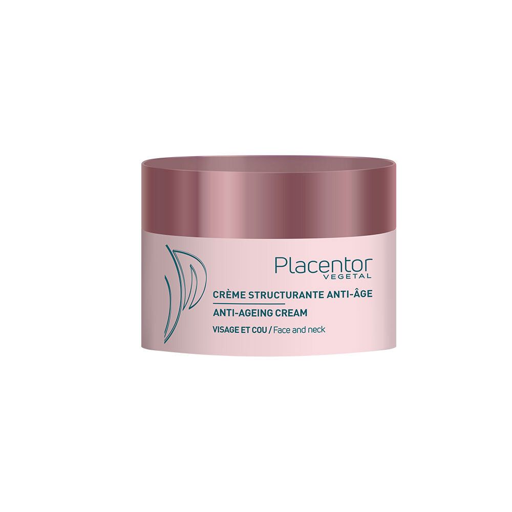 Pot rose avec couvercle. Inscription: Placentor Vegetal, Crème Structurante Anti-Âge, Anti-Ageing Cream, Visage et Cou.