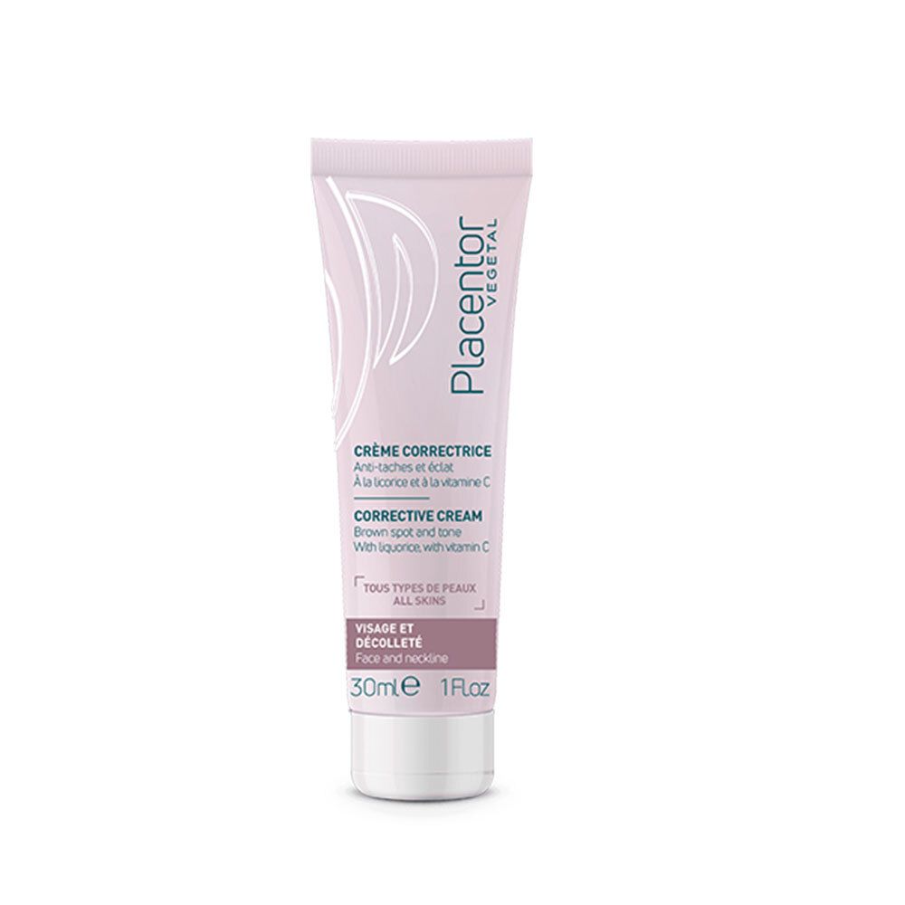 Tube rose avec bouchon blanc. Inscription : Crème Correctrice, Corrective Cream, 30ml, 1 Fl.oz.