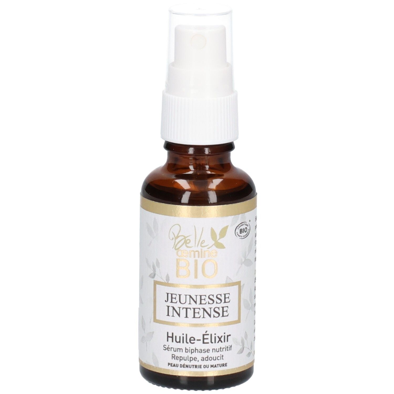 Flacon en verre brun avec pompe et étiquette : Belle œmine BIO Jeunesse Intense Huile-Élixir.