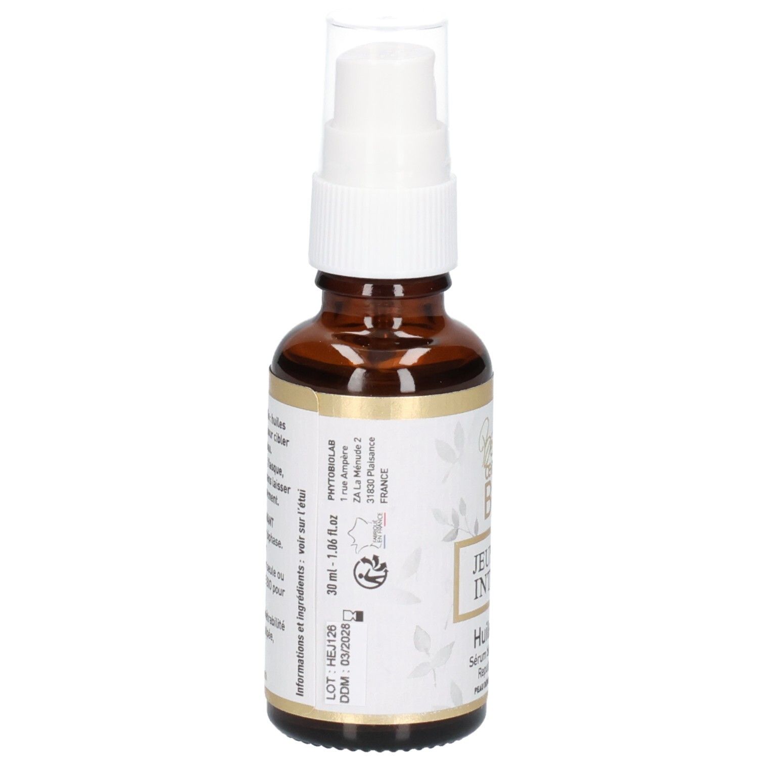 Arrière d'un flacon Belle œmine BIO Jeunesse Intense Huile-Élixir avec informations produit et numéro de lot.