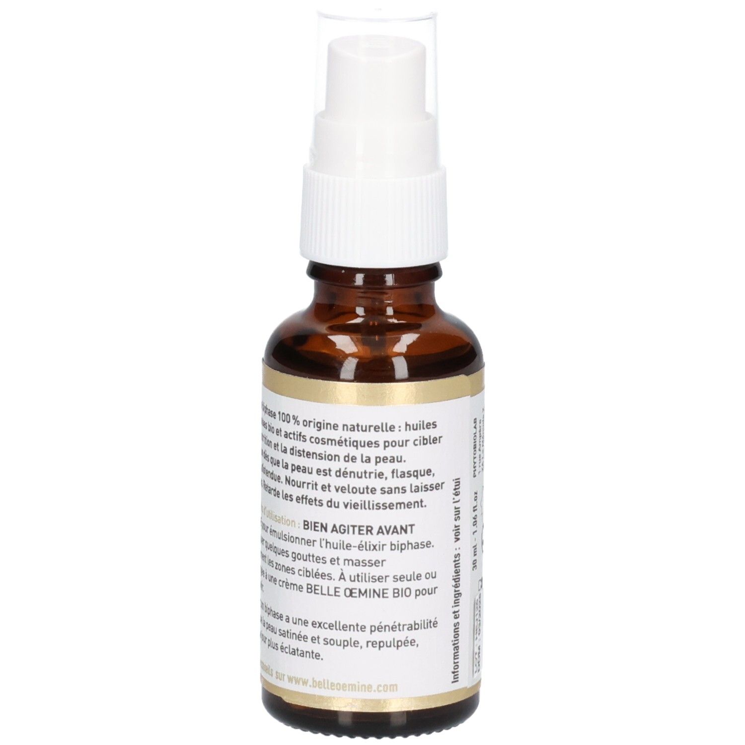 Côté d'un flacon Belle œmine BIO Jeunesse Intense Huile-Élixir avec instructions d'utilisation détaillées.