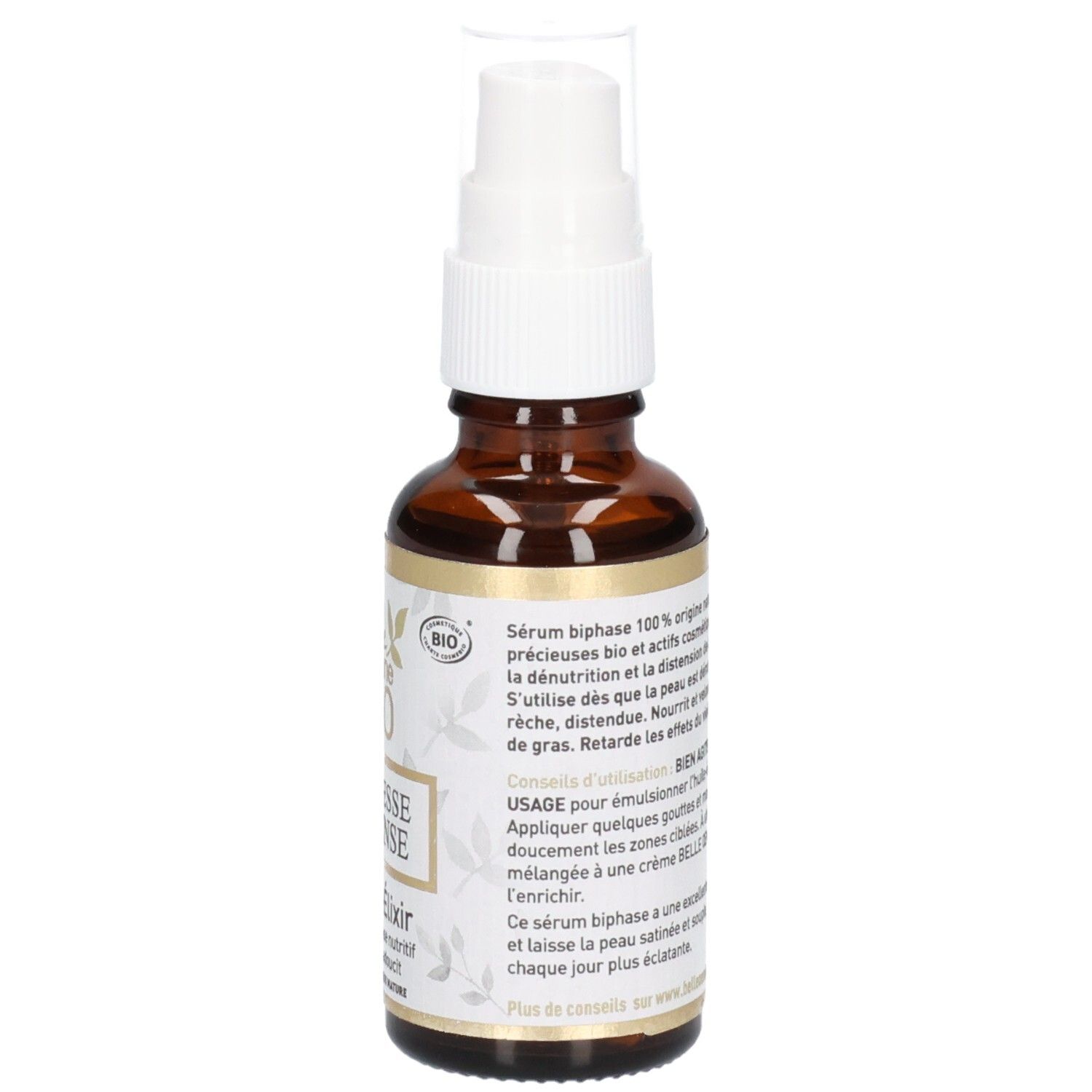 Étiquette avant du flacon Belle œmine BIO Jeunesse Intense Huile-Élixir avec sceau BIO.
