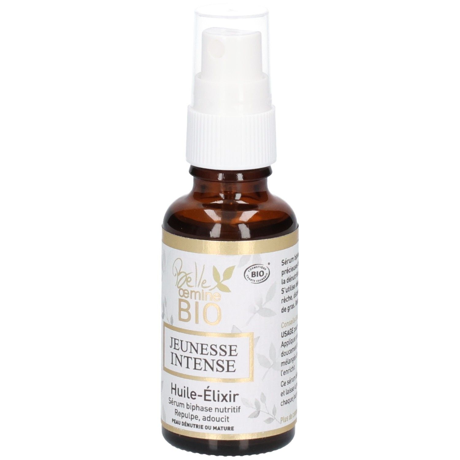Flacon Belle œmine BIO Jeunesse Intense Huile-Élixir avec pompe et design floral sur l'étiquette.