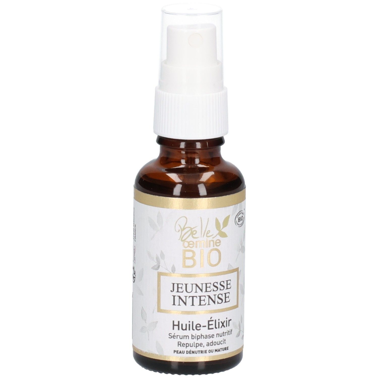 Flacon Belle œmine BIO Jeunesse Intense Huile-Élixir, gros plan sur l'étiquette avec nom du produit.