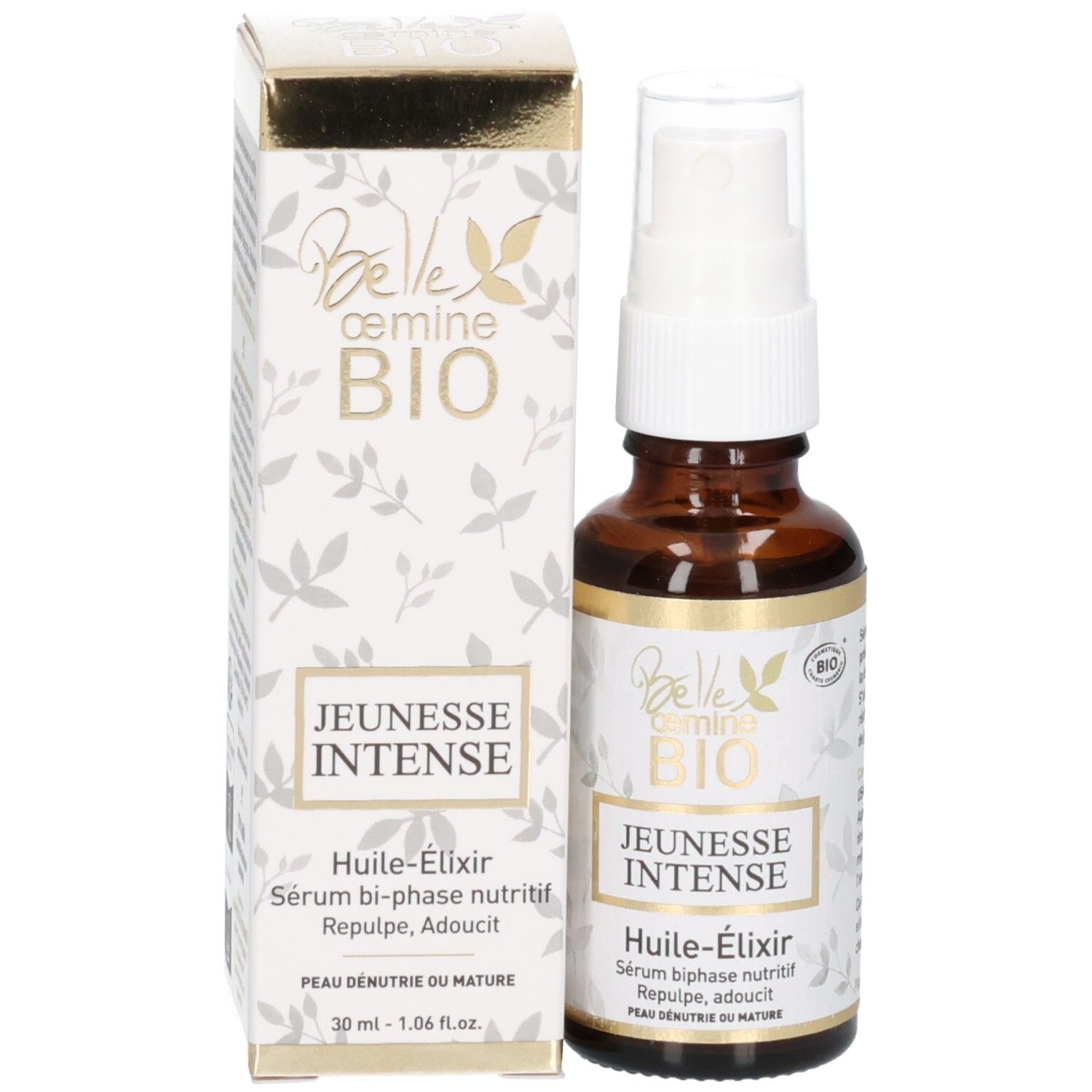 Flacon et boîte d'emballage Belle œmine BIO Jeunesse Intense Huile-Élixir côte à côte.