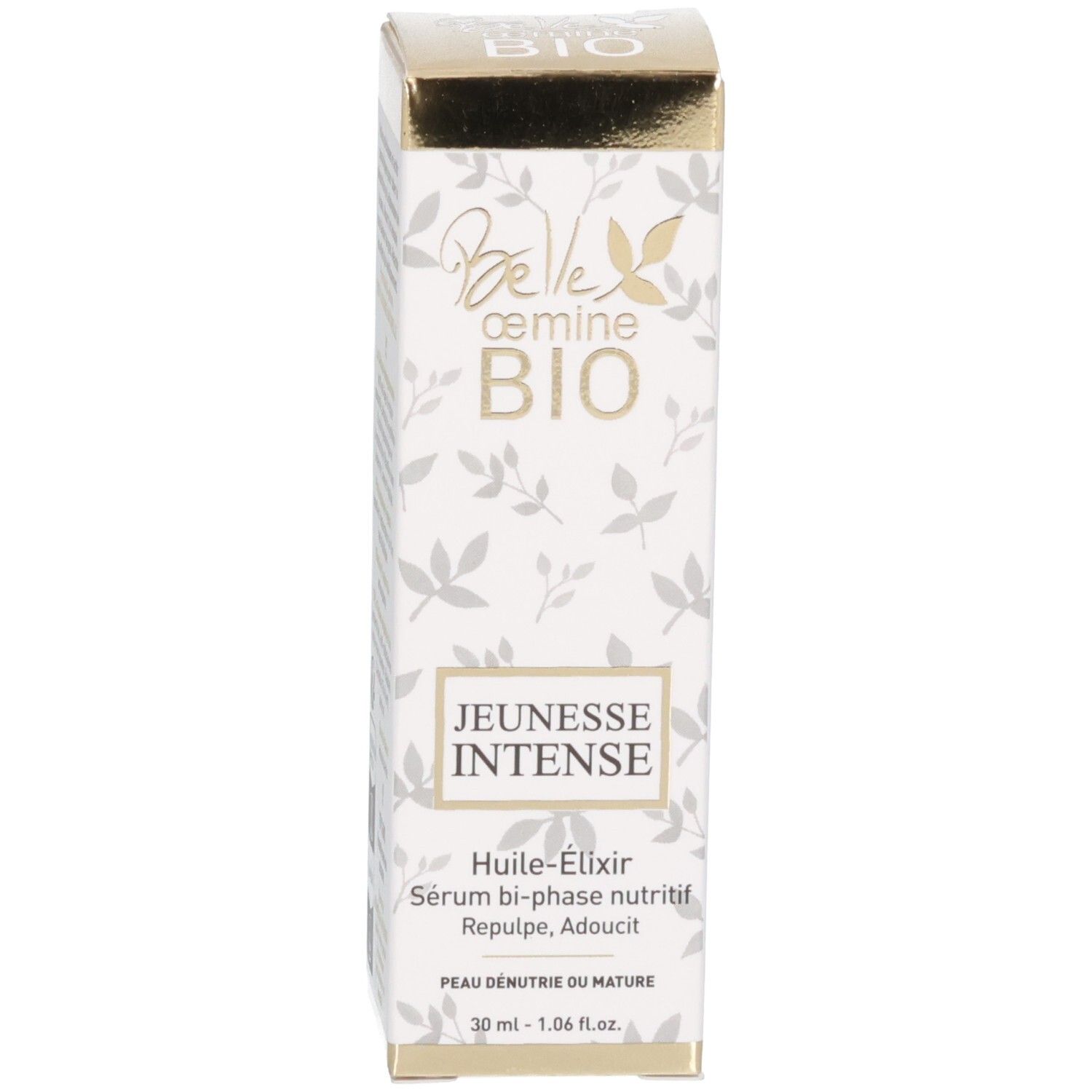 Boîte d'emballage Belle œmine BIO Jeunesse Intense Huile-Élixir avec motif floral et informations produit.