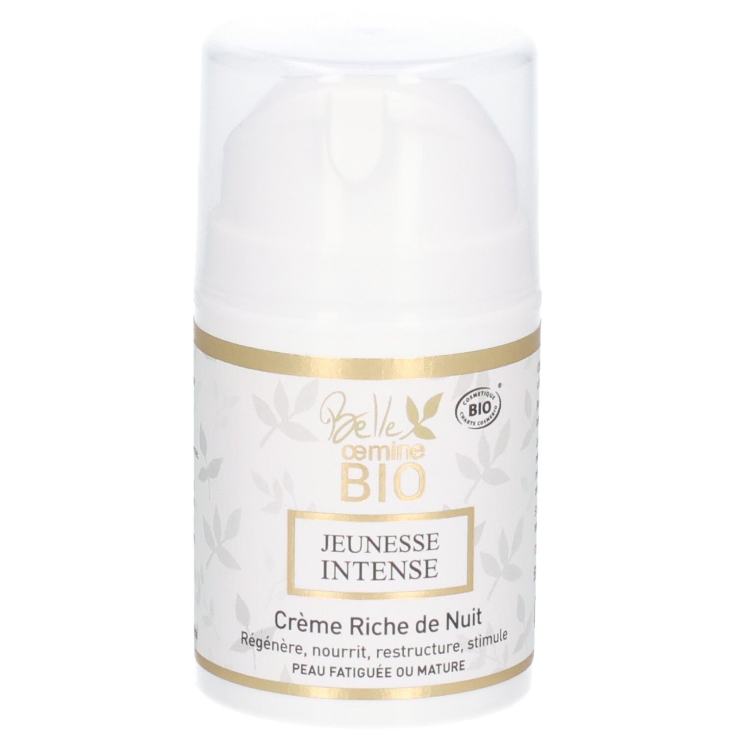 Pot blanc avec étiquette dorée et distributeur à pompe. Contient la Crème BIO Jeunesse Intense.