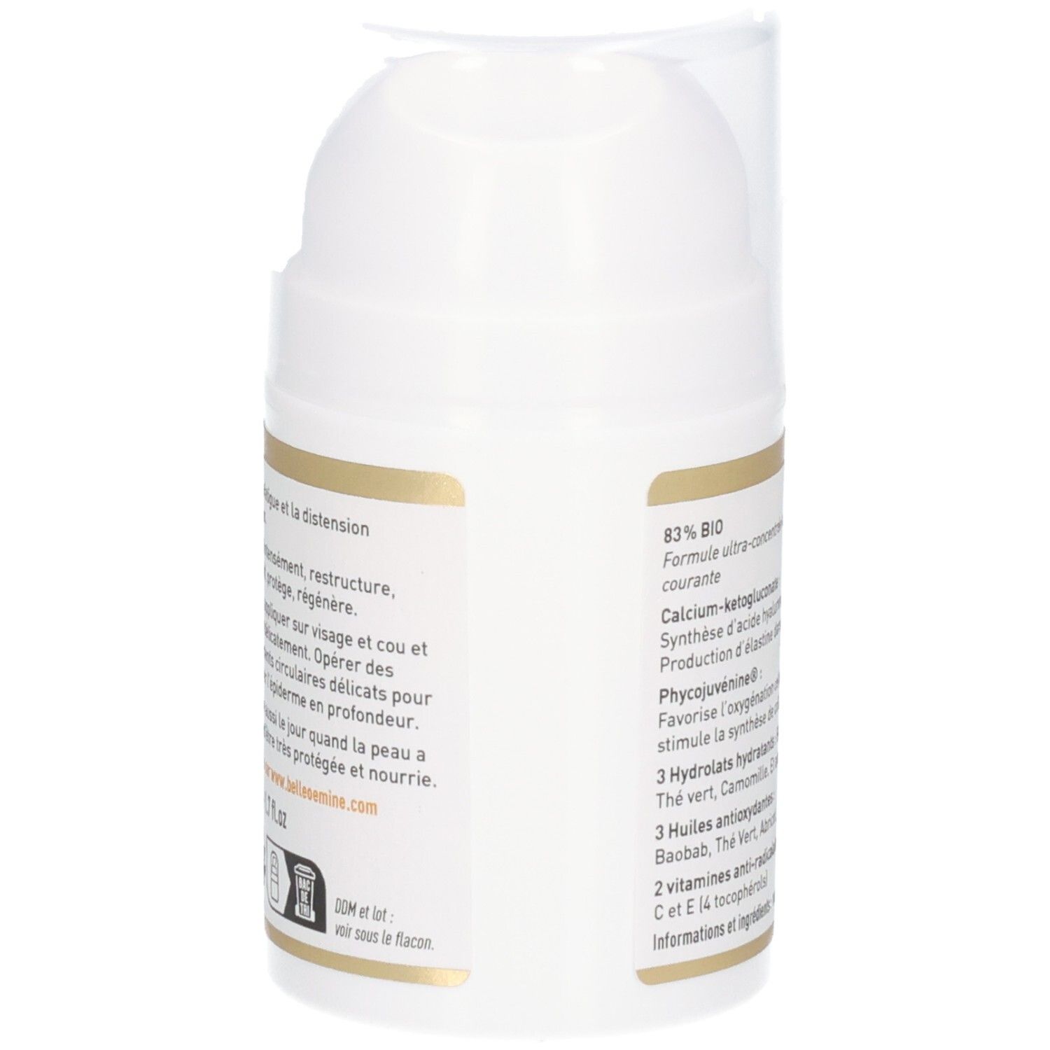 Vue latérale d'un pot blanc avec étiquette dorée montrant la certification BIO et les informations produit.