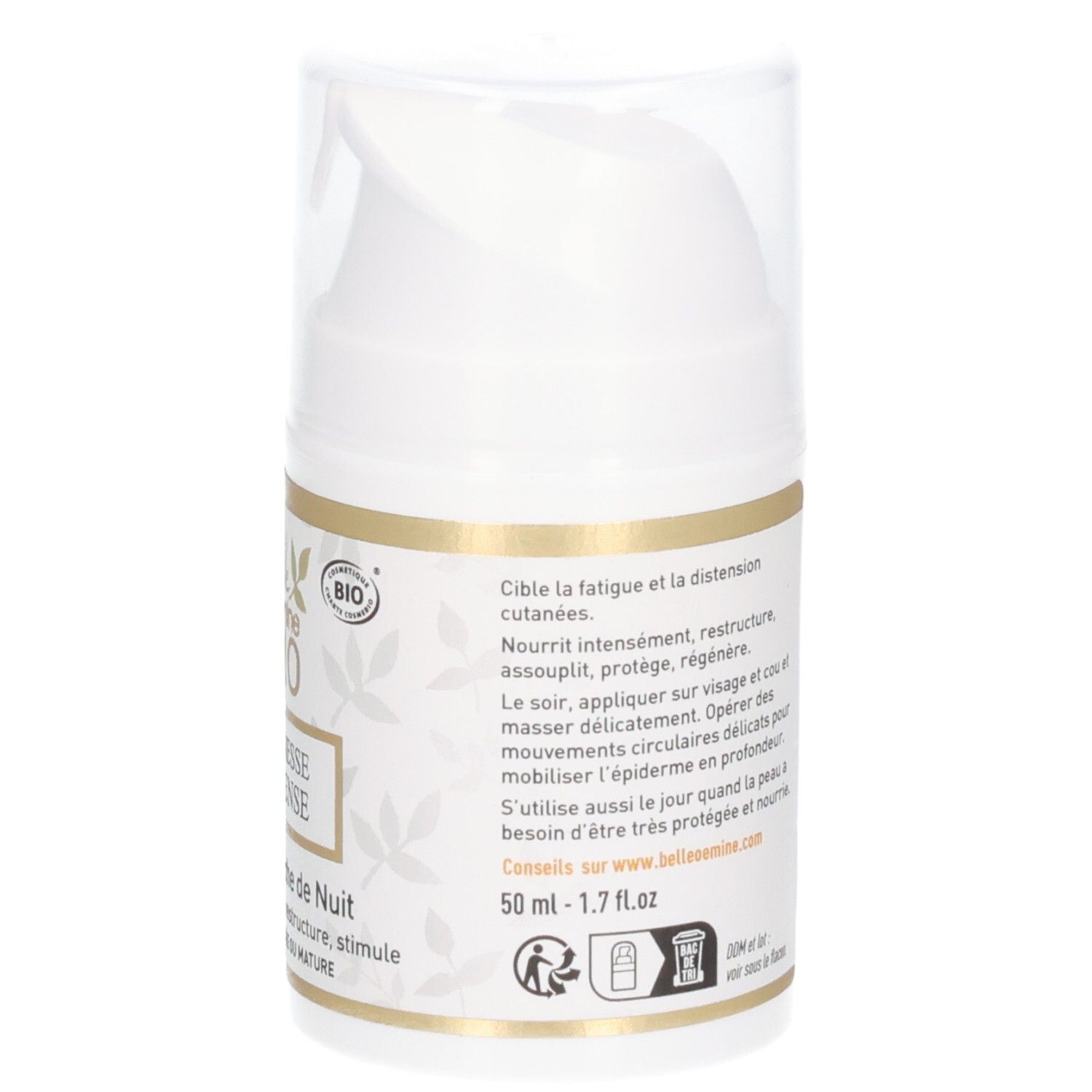 Avant d'un pot blanc avec étiquette dorée indiquant la Crème BIO Jeunesse Intense et 50ml.