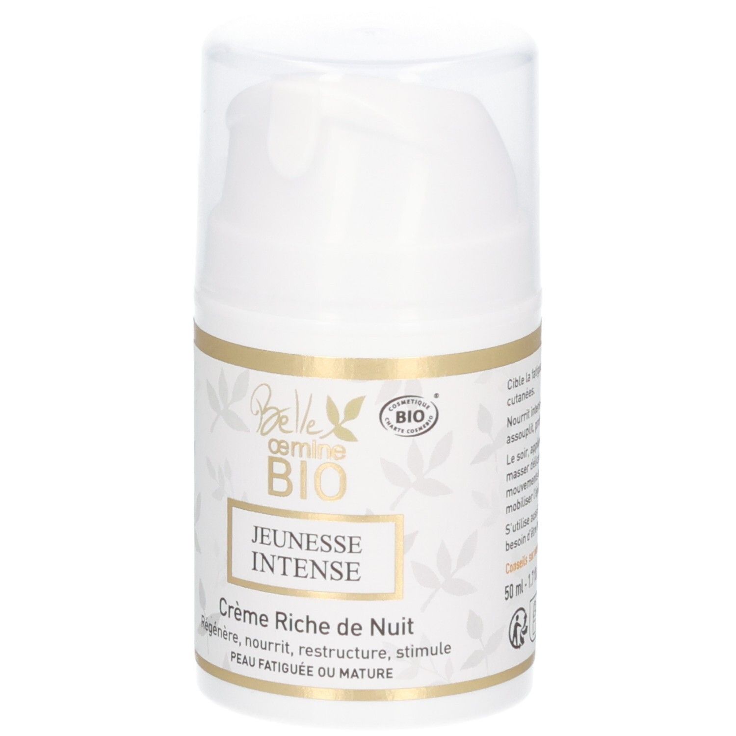 Pot blanc avec étiquette dorée, distributeur à pompe et sceau BIO. Contient la Crème Jeunesse Intense.