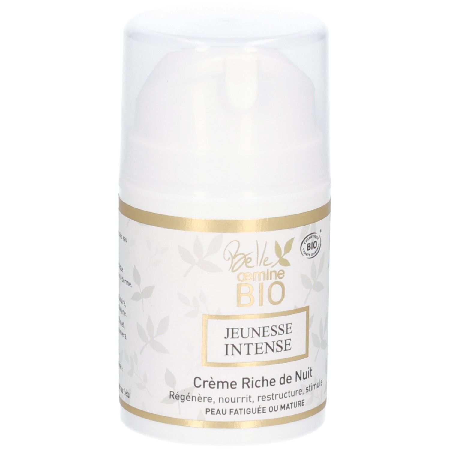 Pot blanc avec distributeur à pompe et étiquette dorée avec sceau BIO et nom du produit.