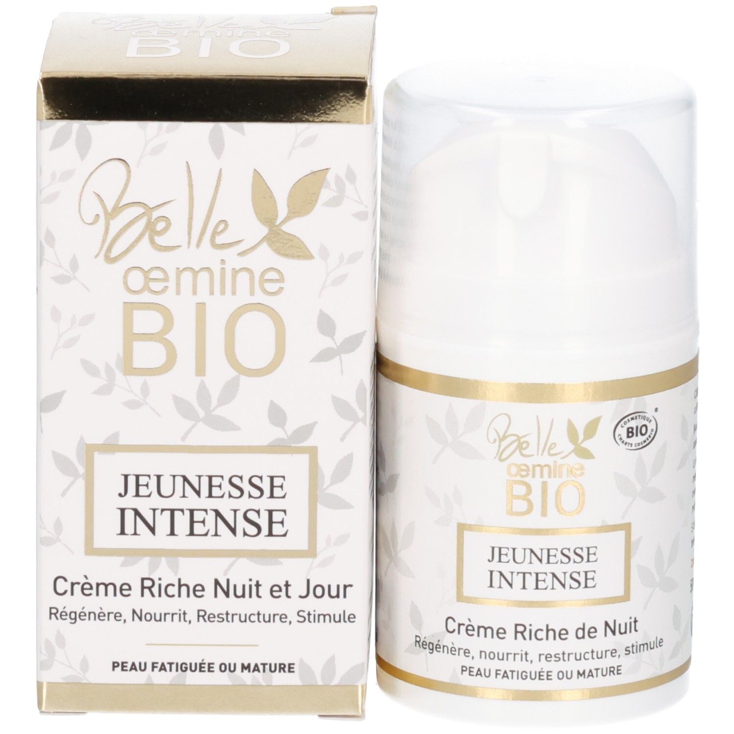 Pot et boîte pliante de la Crème BIO Jeunesse Intense, tous deux avec des motifs de feuilles dorées.