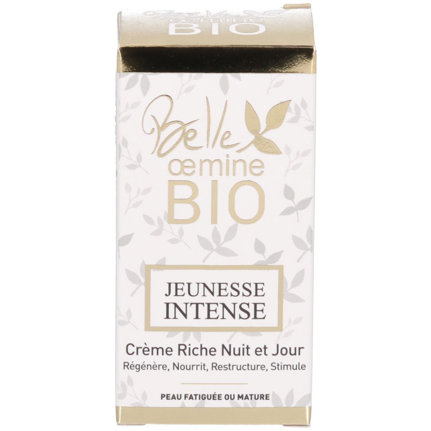 Boîte pliante de la Crème BIO Jeunesse Intense avec motifs de feuilles dorées et sceau BIO.