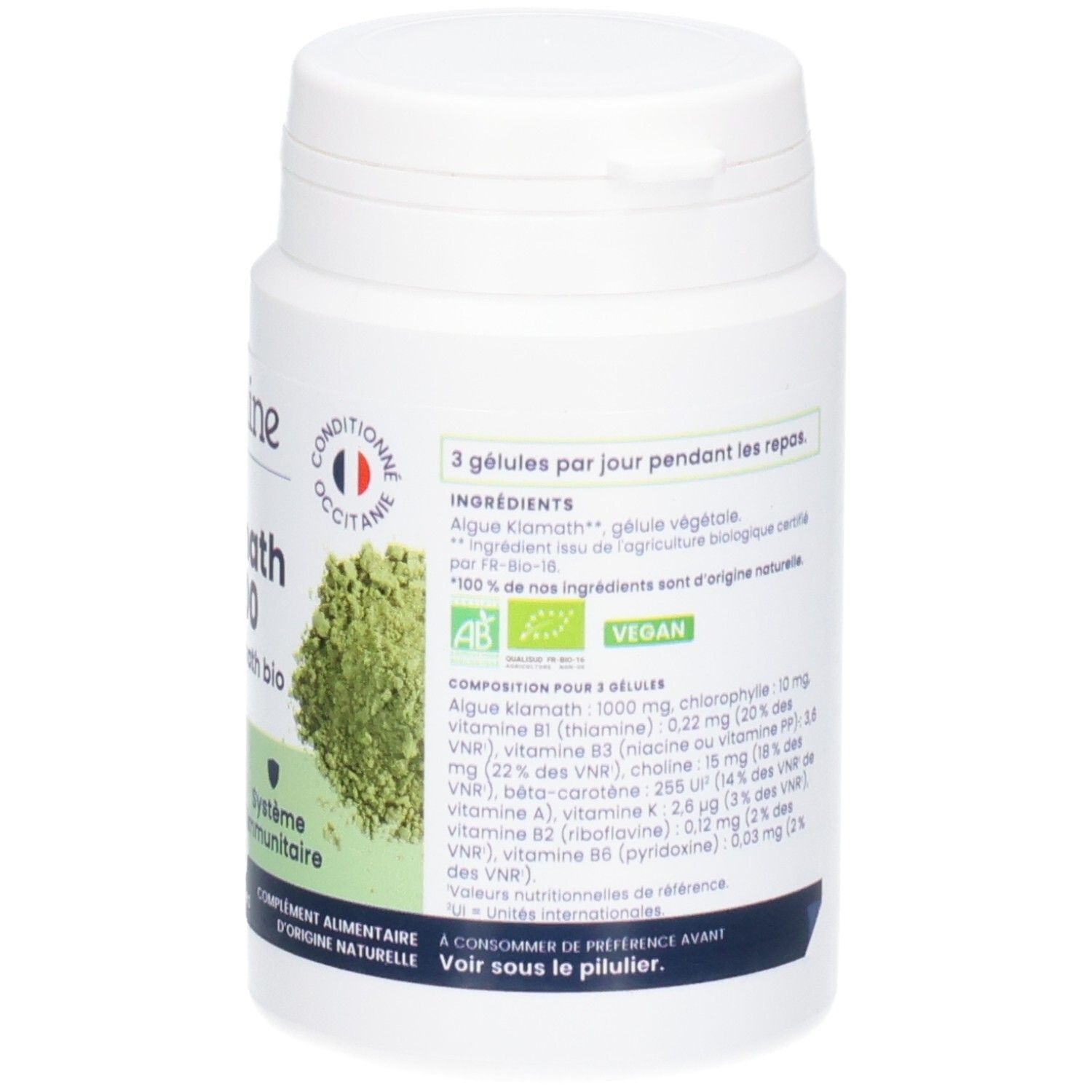 Arrière du pot avec liste des ingrédients, valeurs nutritionnelles et labels bio/vegan.