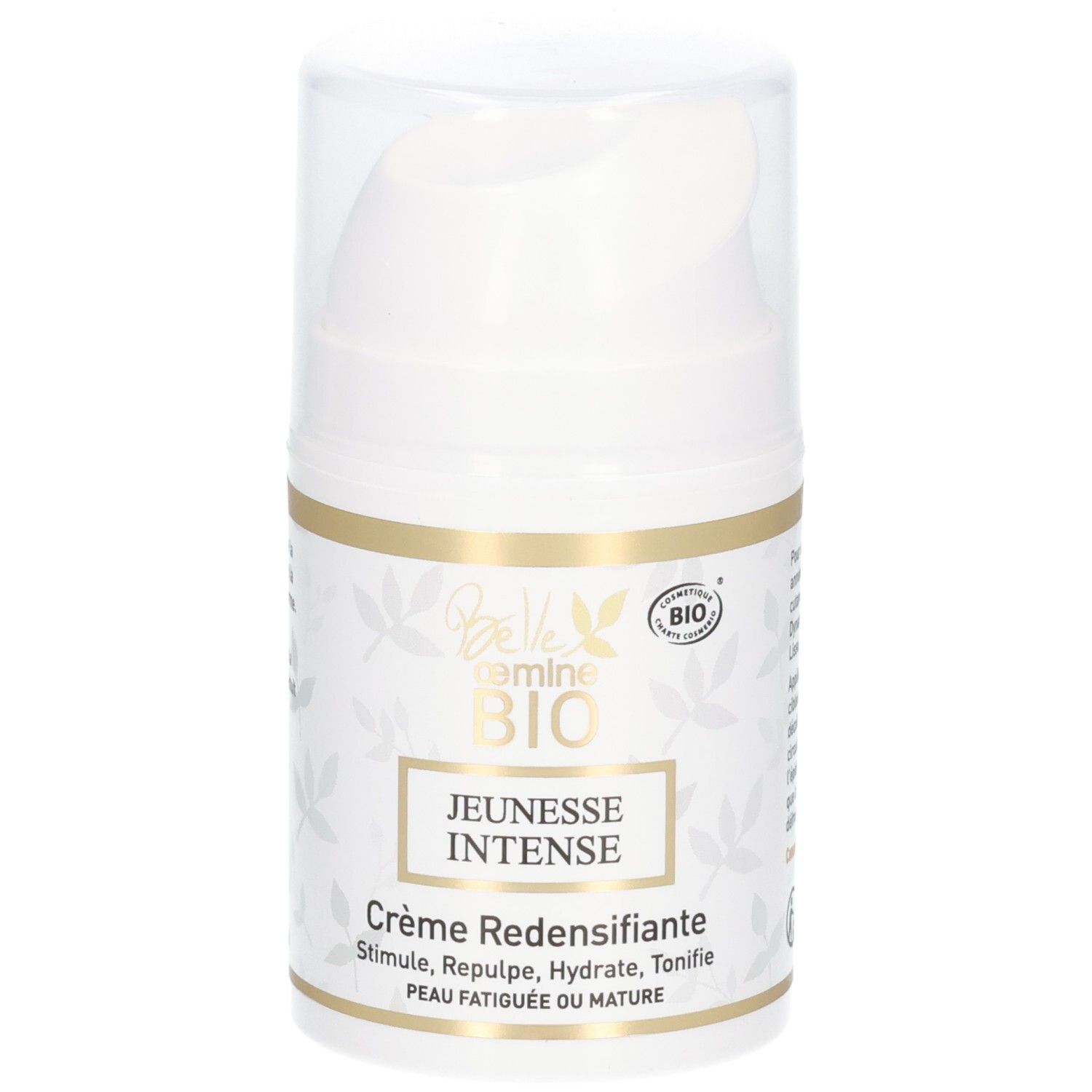 Belle oemine Bio Jeunesse Intense Crème Redensifiante dans un flacon pompe blanc avec étiquette dorée.
