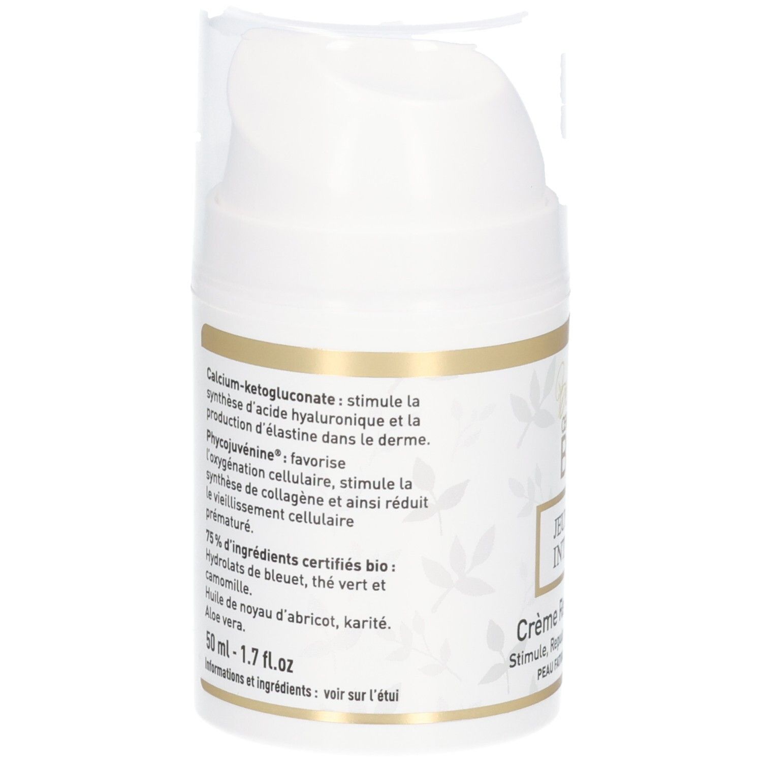 Arrière du flacon pompe Belle oemine Bio Jeunesse Intense avec ingrédients et certifications.