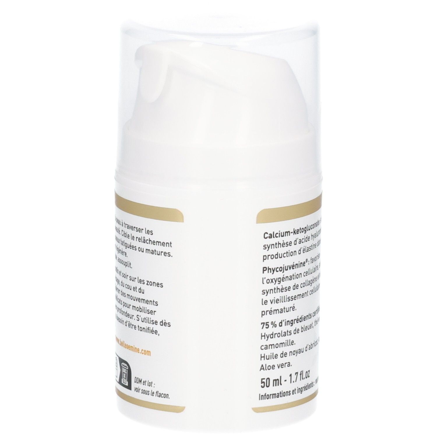 Vue latérale du flacon pompe Belle oemine Bio Jeunesse Intense avec étiquetage détaillé.