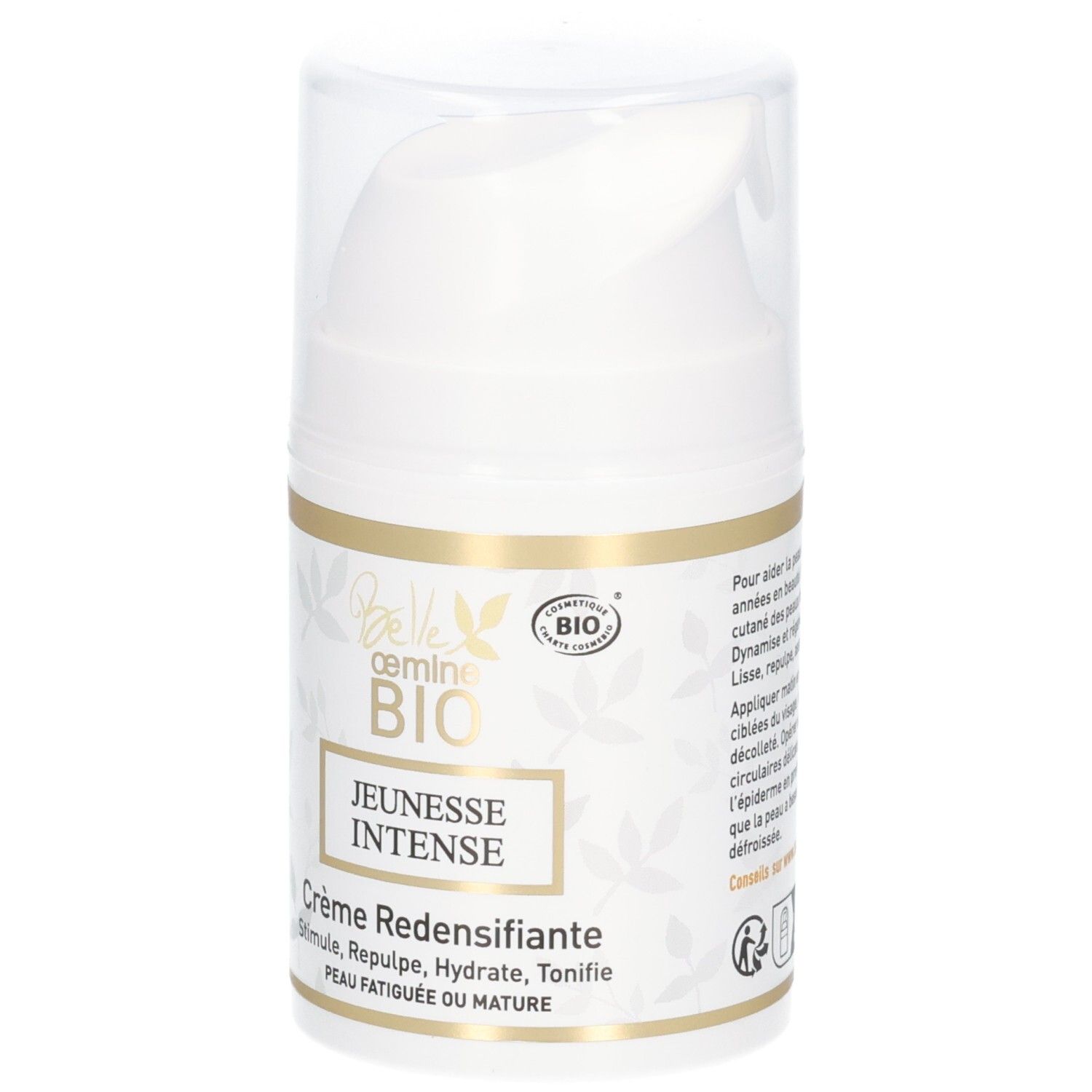 Flacon pompe Belle oemine Bio Jeunesse Intense avec sceau BIO et design floral.