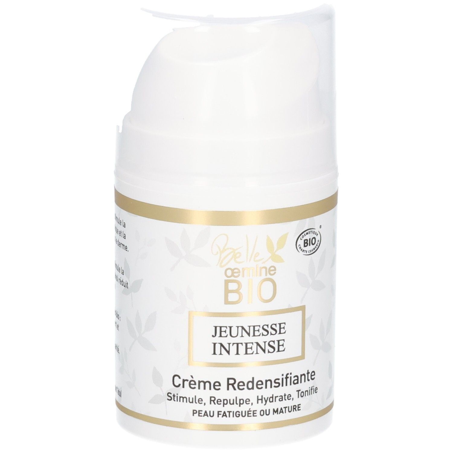 Flacon pompe Belle oemine Bio Jeunesse Intense, vue de face avec sceau BIO.