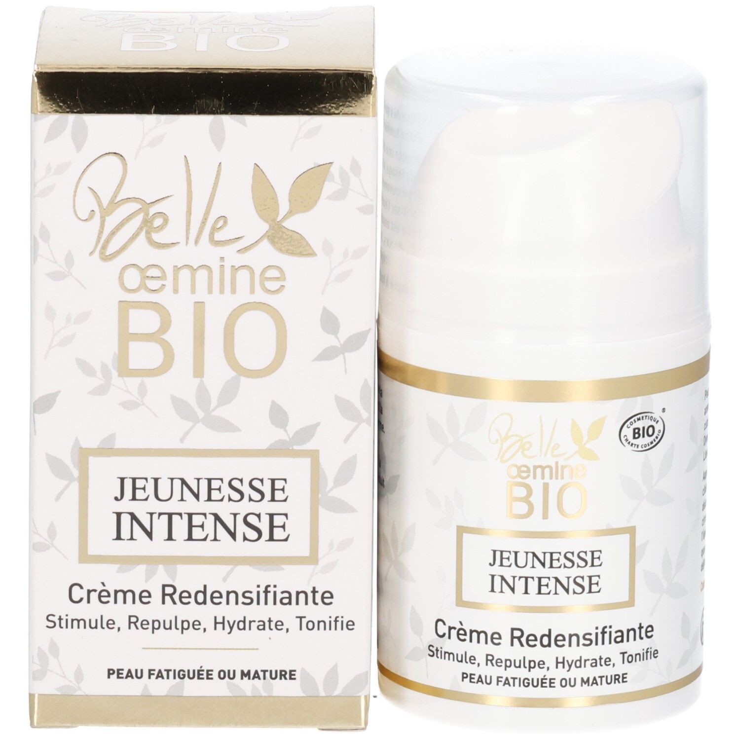 Flacon pompe Belle oemine Bio Jeunesse Intense à côté de sa boîte d'emballage dorée.