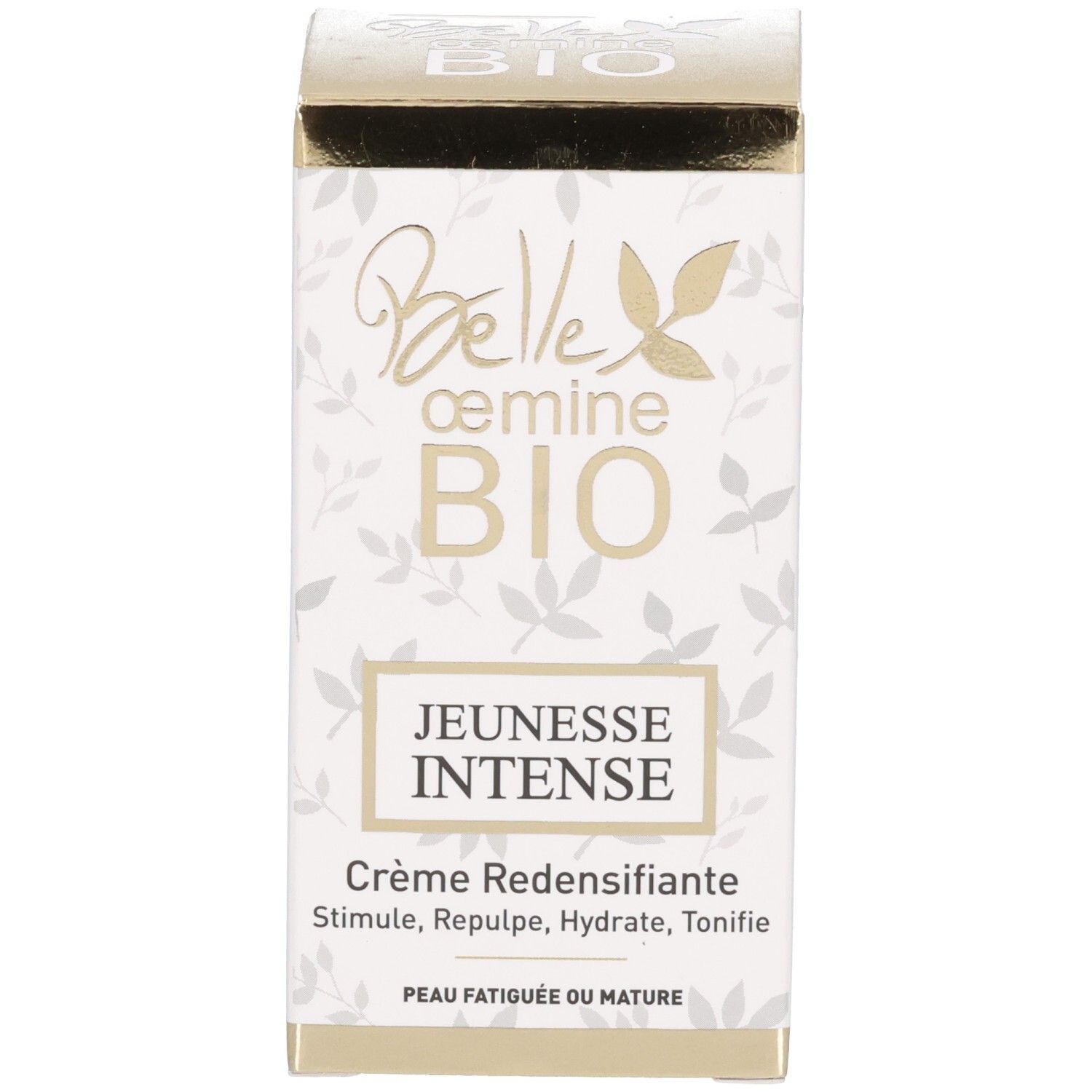 Boîte d'emballage pour Belle oemine Bio Jeunesse Intense Crème Redensifiante avec motif floral.