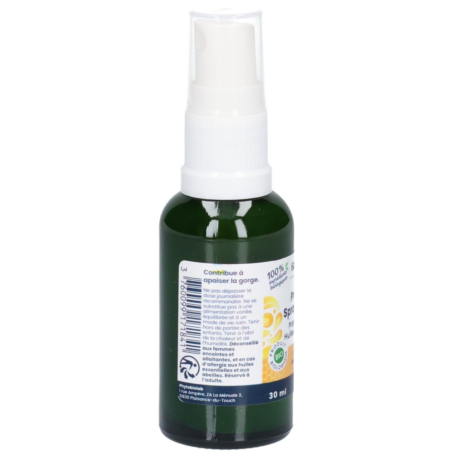 Arrière d'un flacon spray vert avec étiquette indiquant les ingrédients et les instructions d'utilisation.