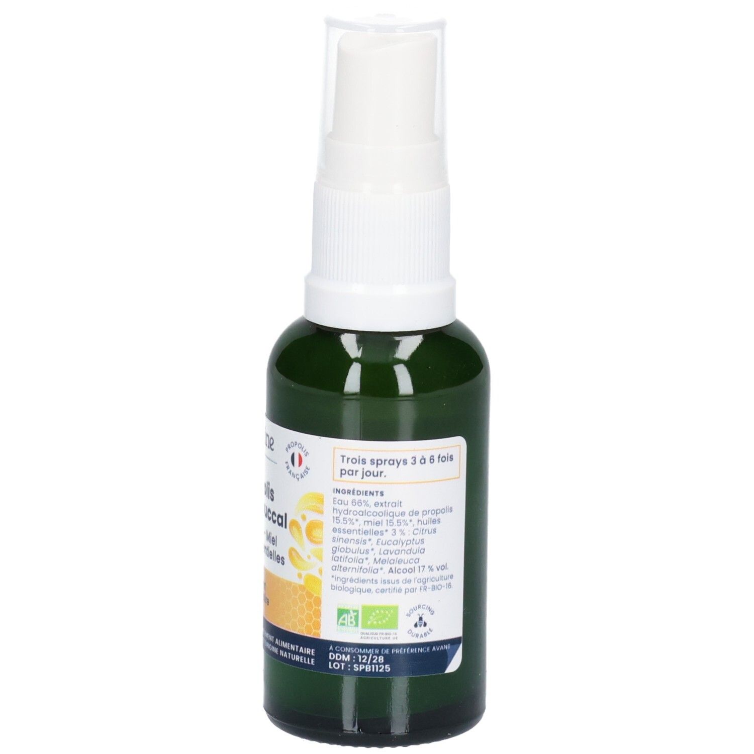 Arrière d'un flacon spray vert avec étiquette indiquant les ingrédients et les instructions d'utilisation.