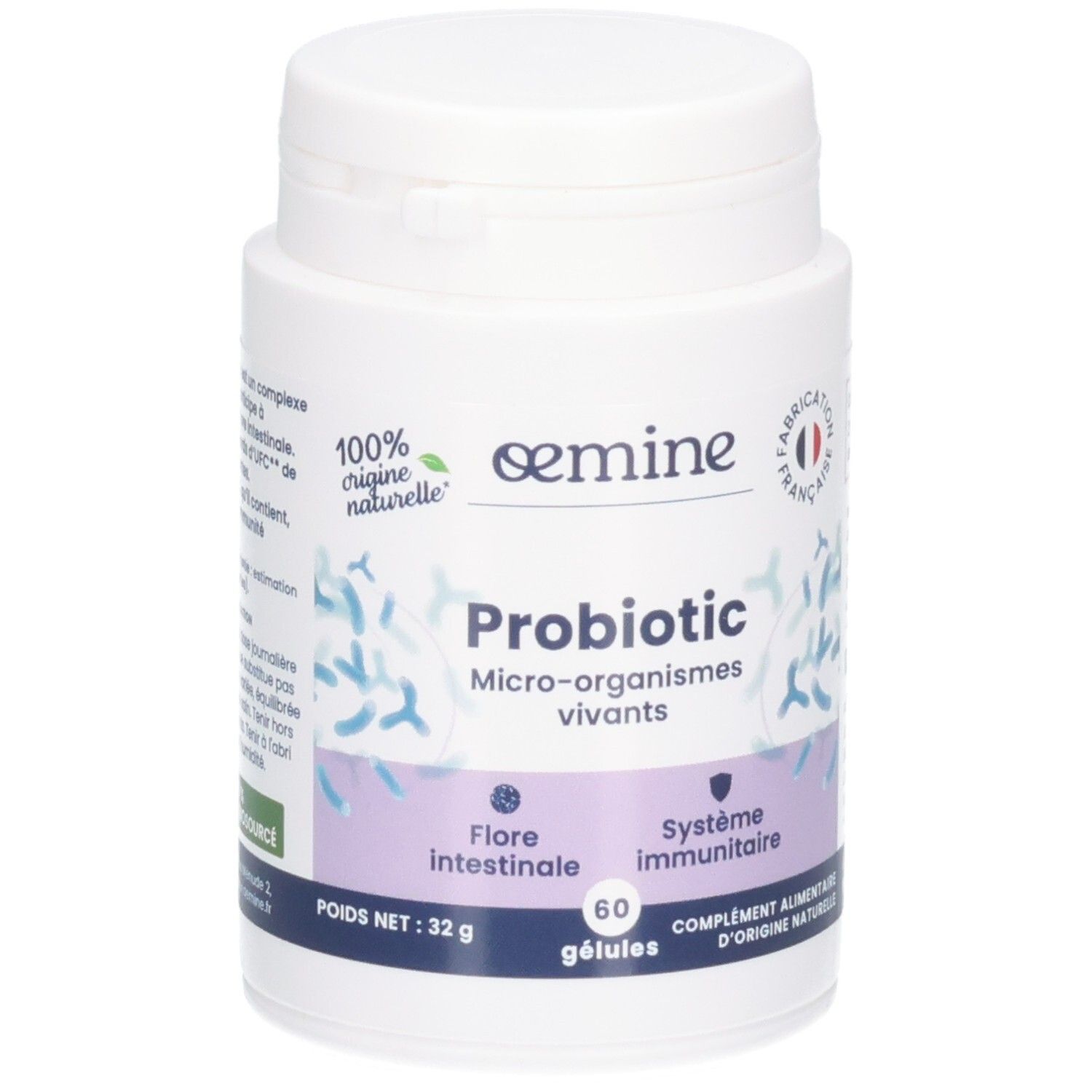 Pilulier blanc OEMINE PROBIOTIC, 60 gélules.