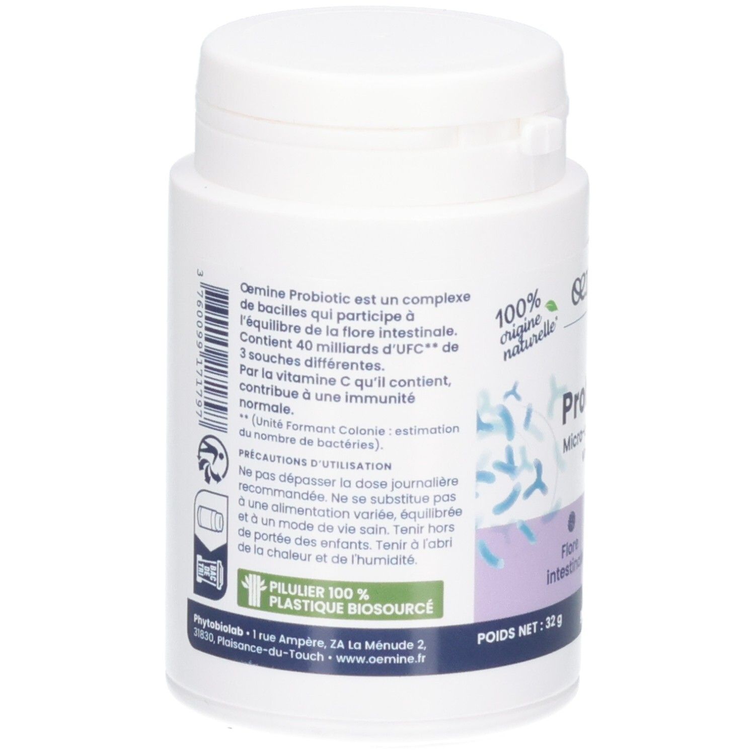 Arrière d'un pilulier blanc OEMINE PROBIOTIC avec informations produit.