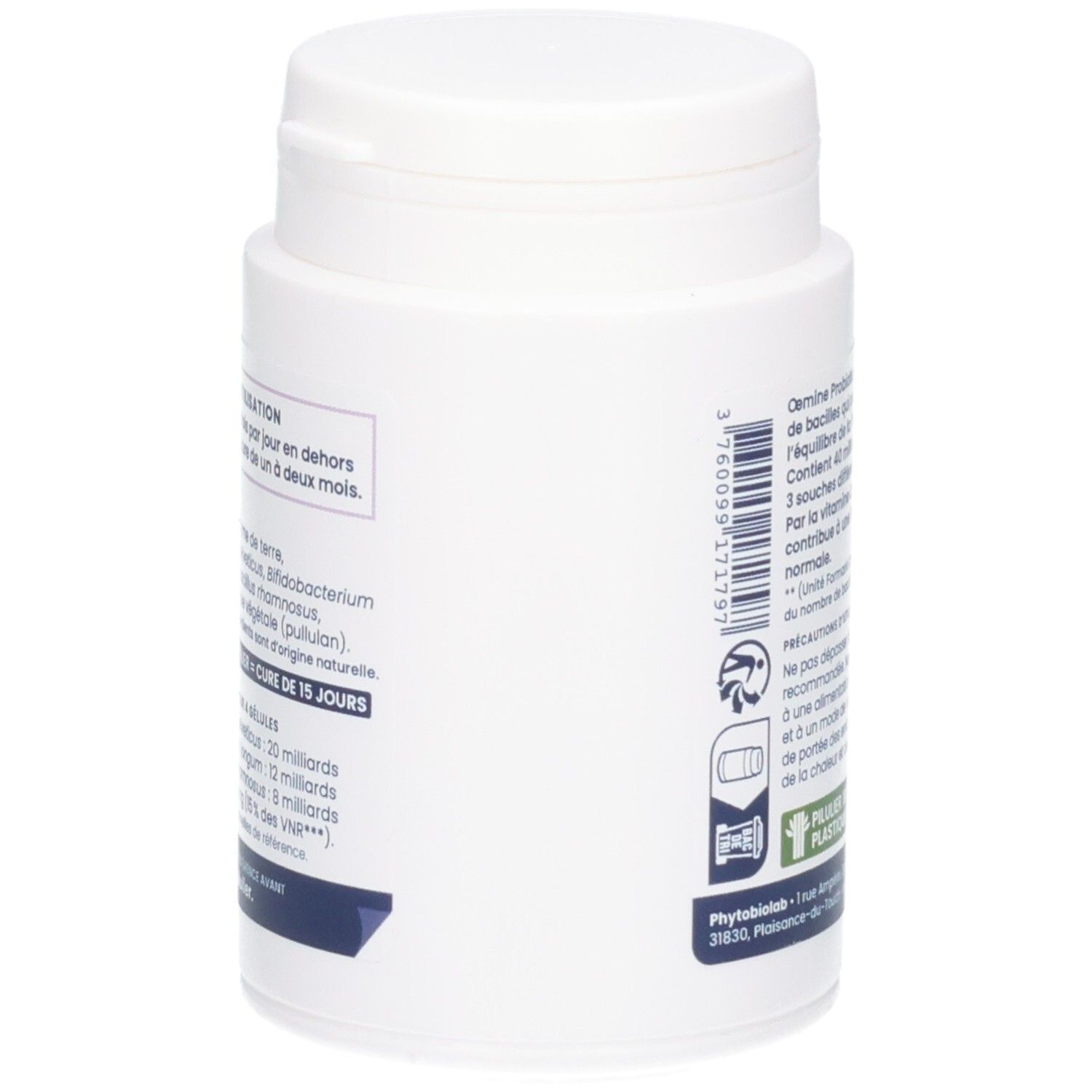 Côté d'un pilulier blanc OEMINE PROBIOTIC avec code-barres.
