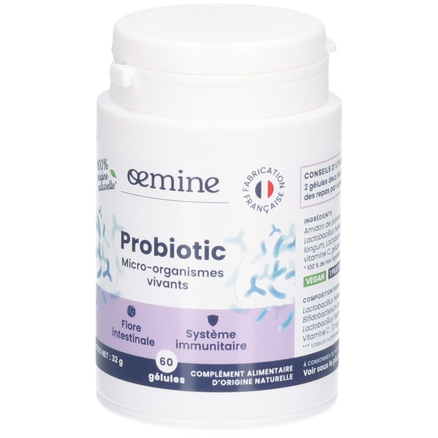 Pilulier blanc OEMINE PROBIOTIC, 60 gélules, vegan.