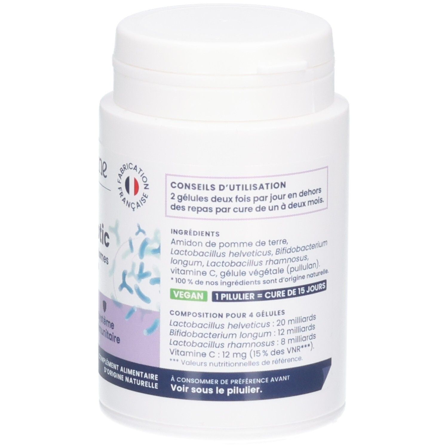 Arrière d'un pilulier blanc OEMINE PROBIOTIC avec ingrédients et conseils d'utilisation.