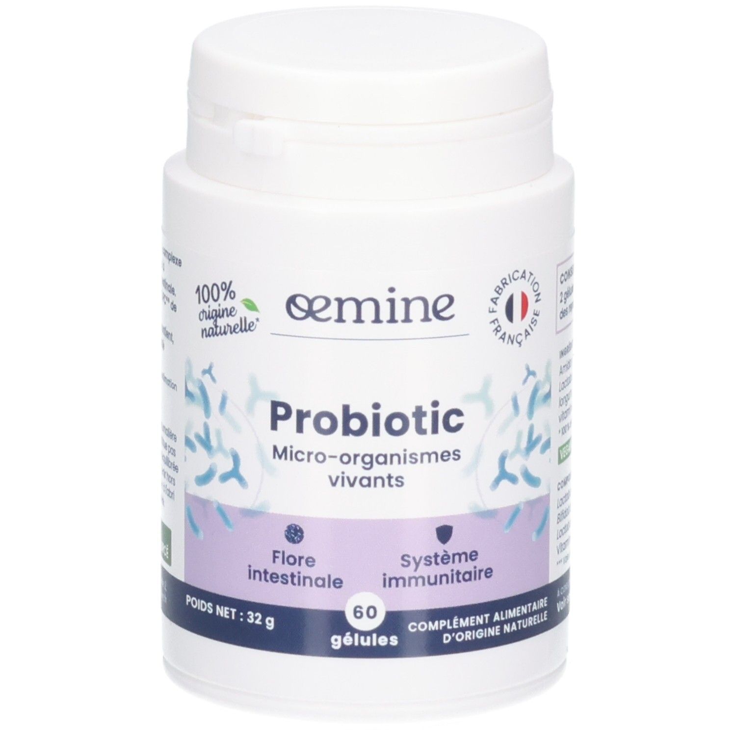 Pilulier blanc OEMINE PROBIOTIC, 60 gélules, pour flore intestinale et système immunitaire.