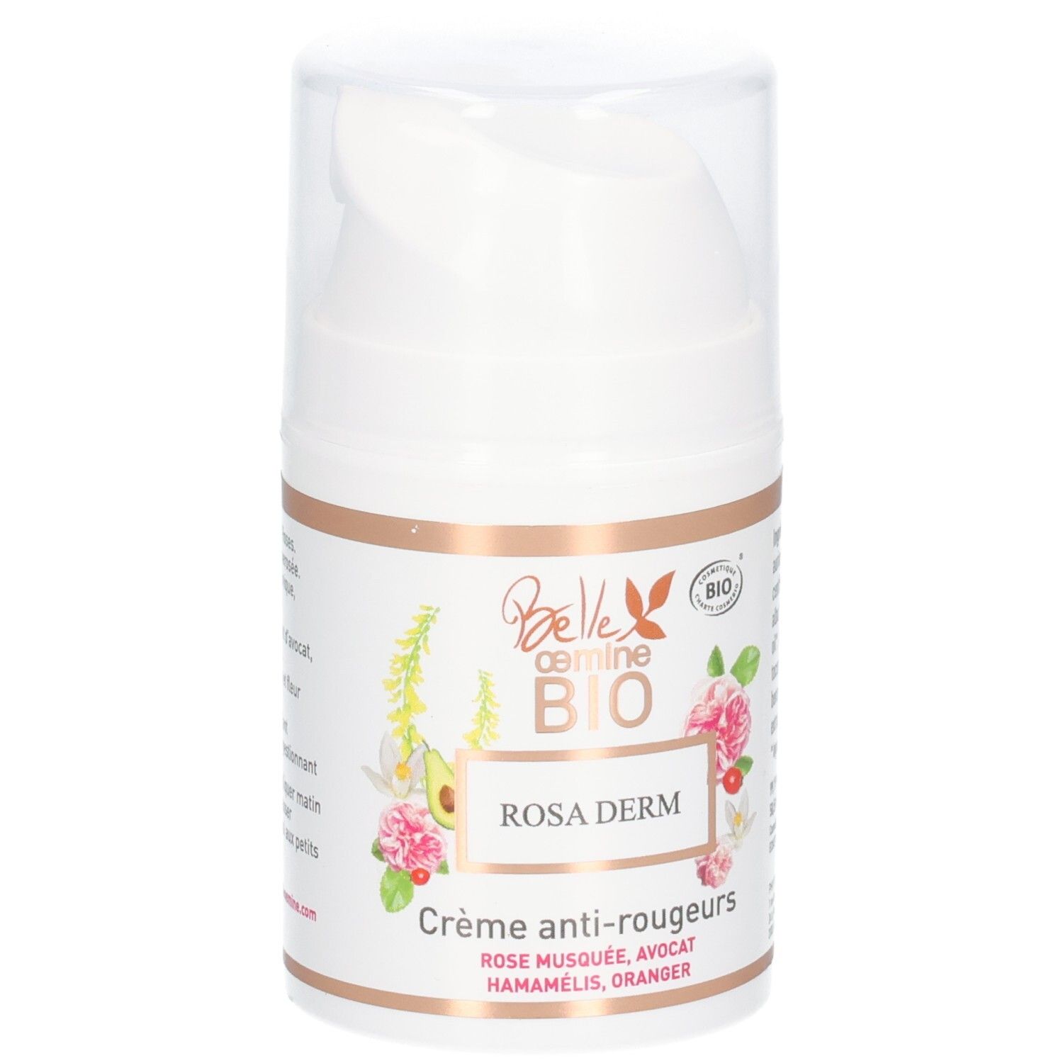 Flacon pompe blanc avec étiquette : Belle
oemine BIO ROSA DERM, Crème anti-rougeurs.