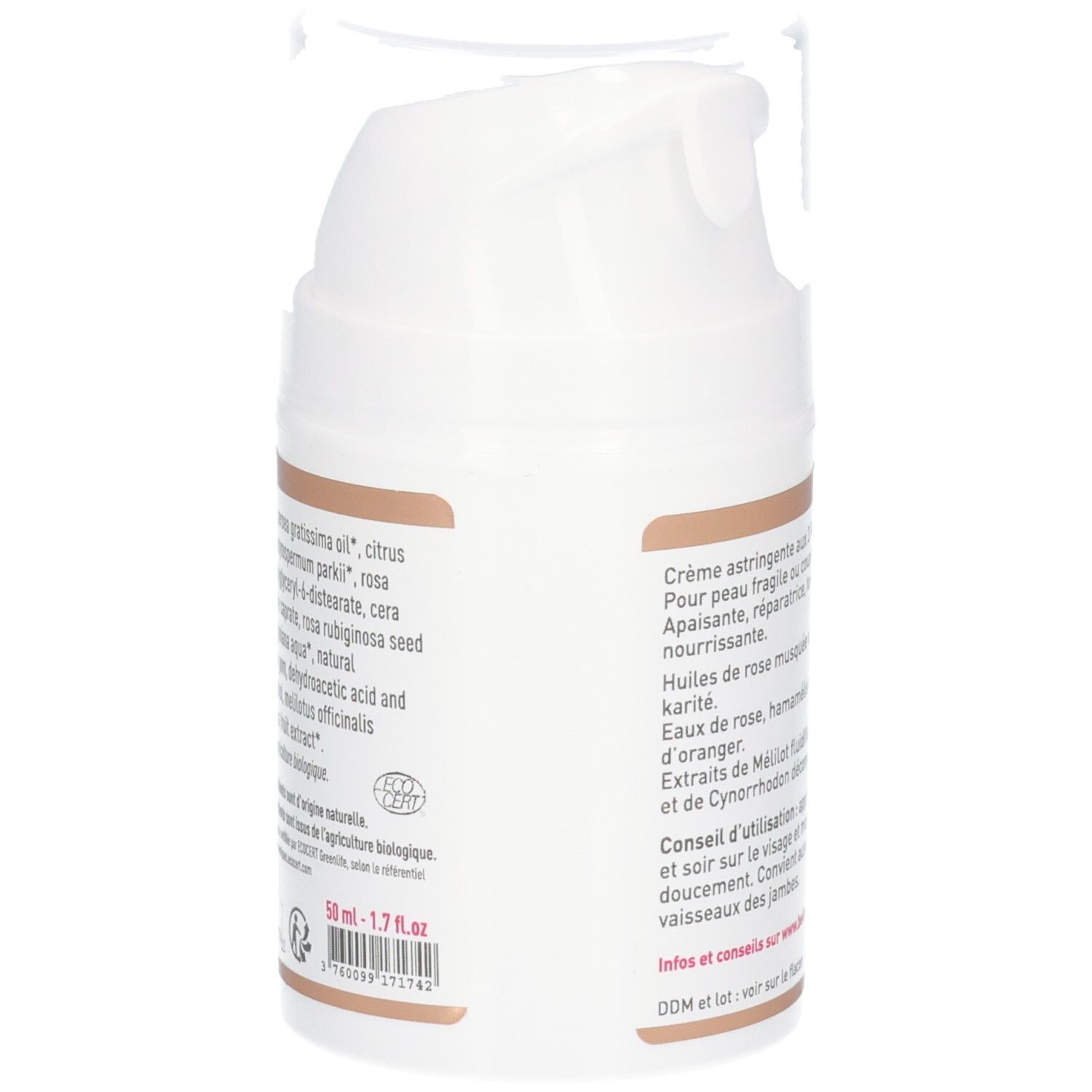 Côté d'un flacon pompe avec étiquette montrant les ingrédients, la certification BIO et la taille (50 ml).