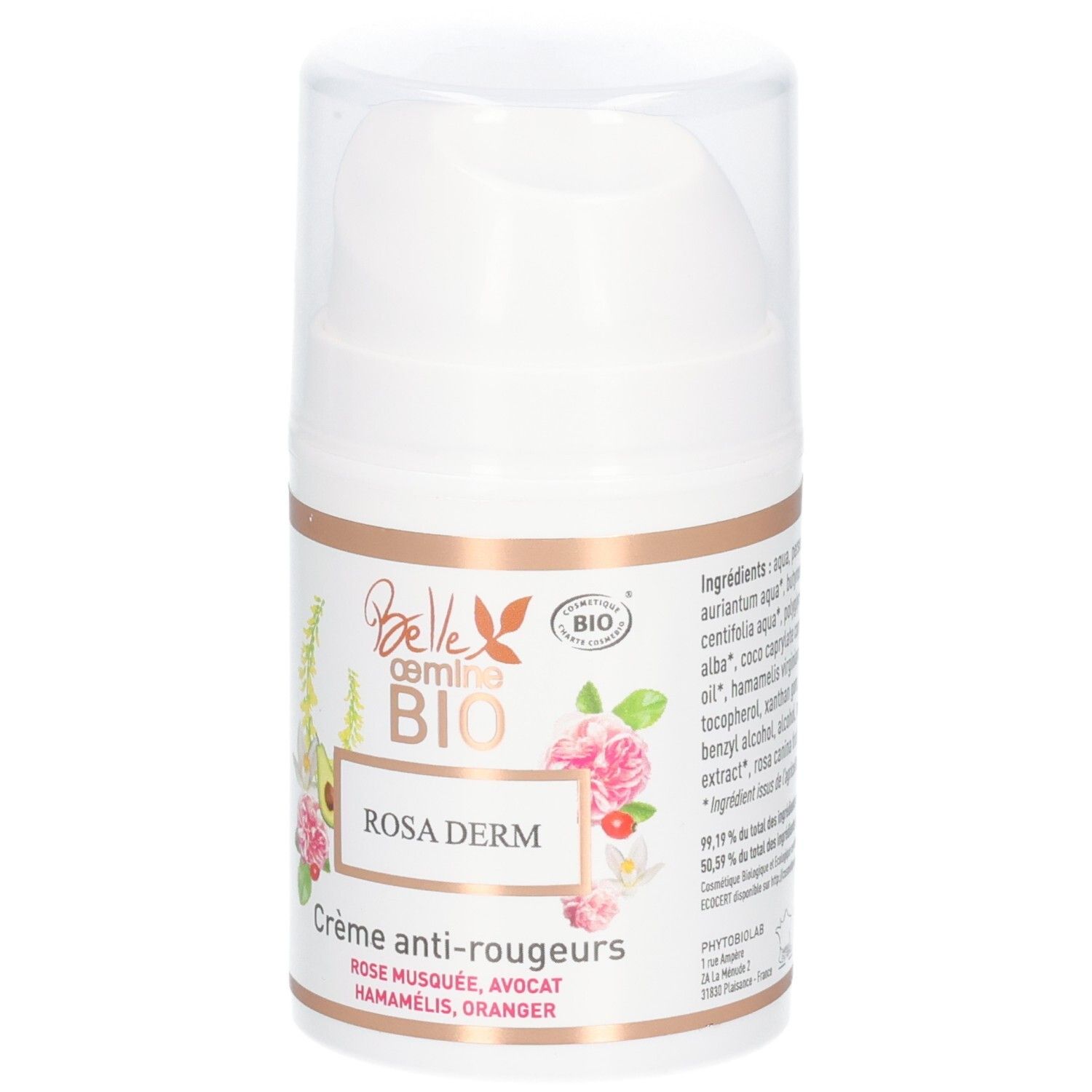Flacon pompe blanc avec étiquette : Belle
oemine BIO ROSA DERM, Crème anti-rougeurs.