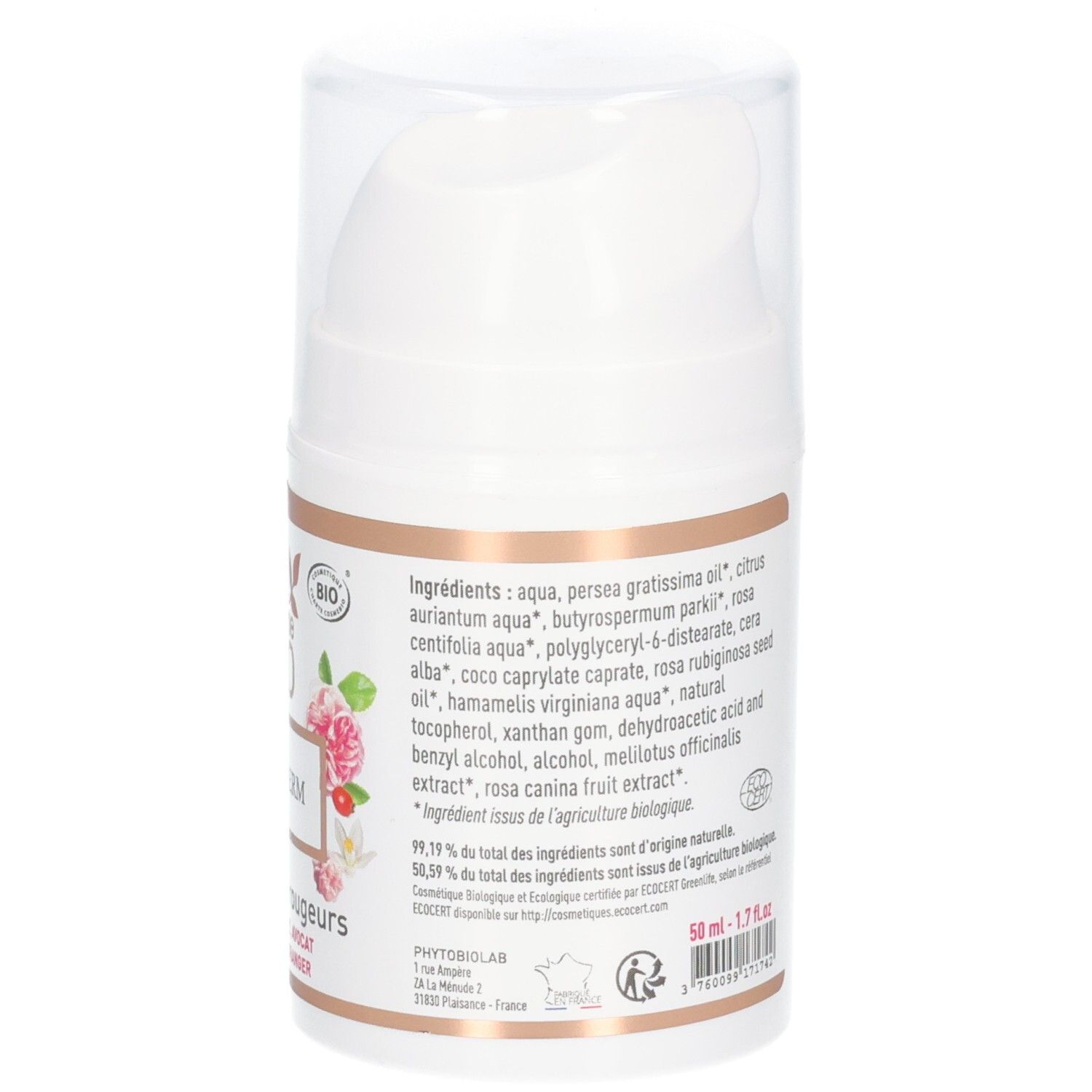 Côté d'un flacon pompe avec étiquette montrant les ingrédients, la certification BIO et la taille (50 ml).