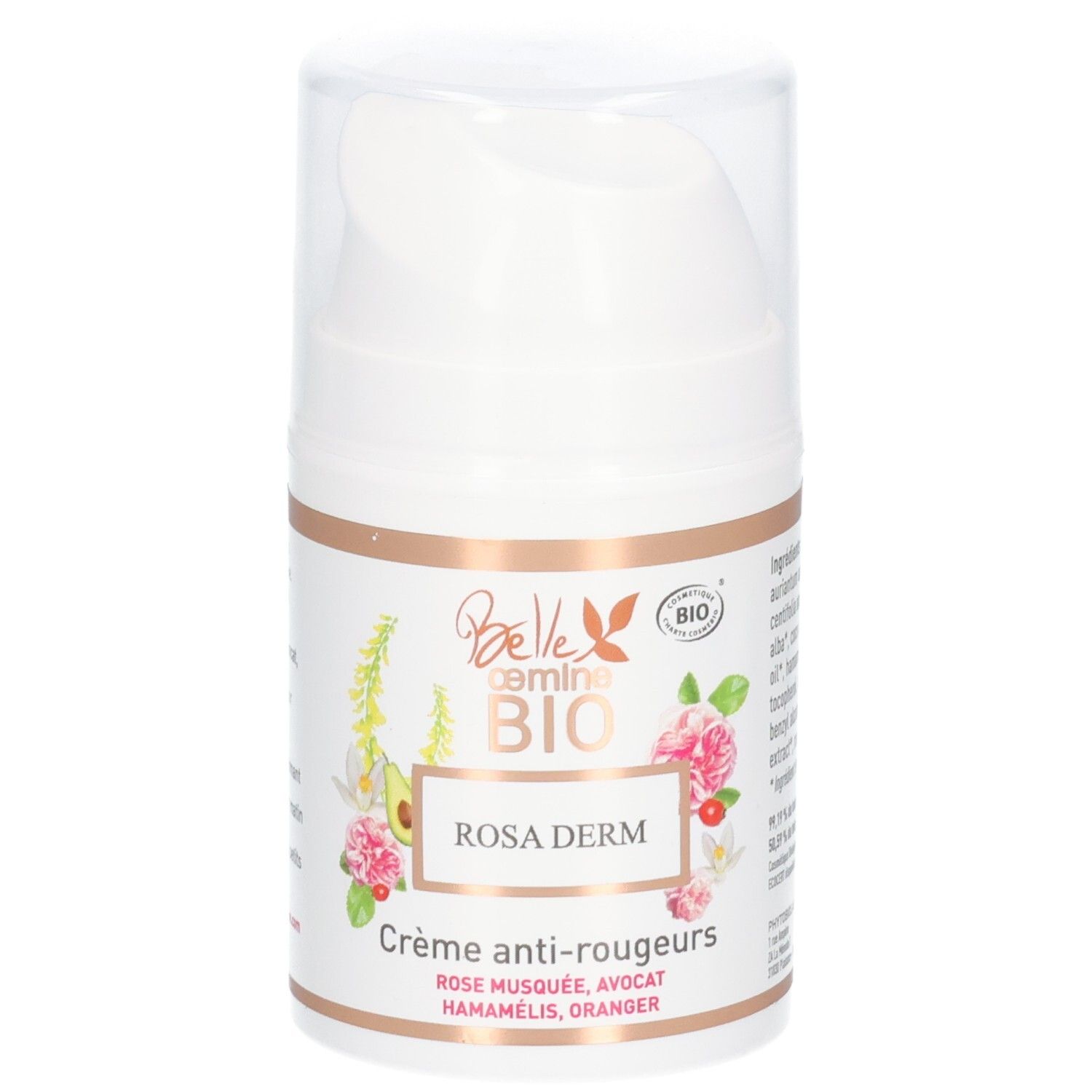 Flacon pompe blanc avec étiquette : Belle
oemine BIO ROSA DERM, Crème anti-rougeurs.