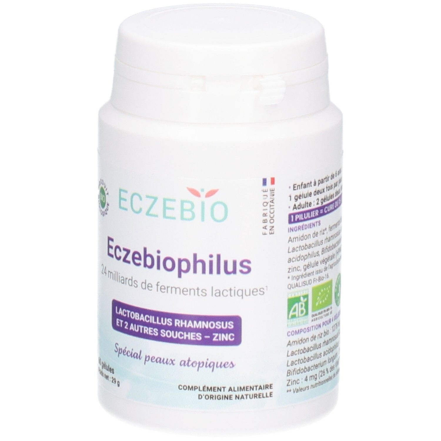 Façade d'un flacon ECZEBIOPHILUS, avec label Bio et indications peaux atopiques.