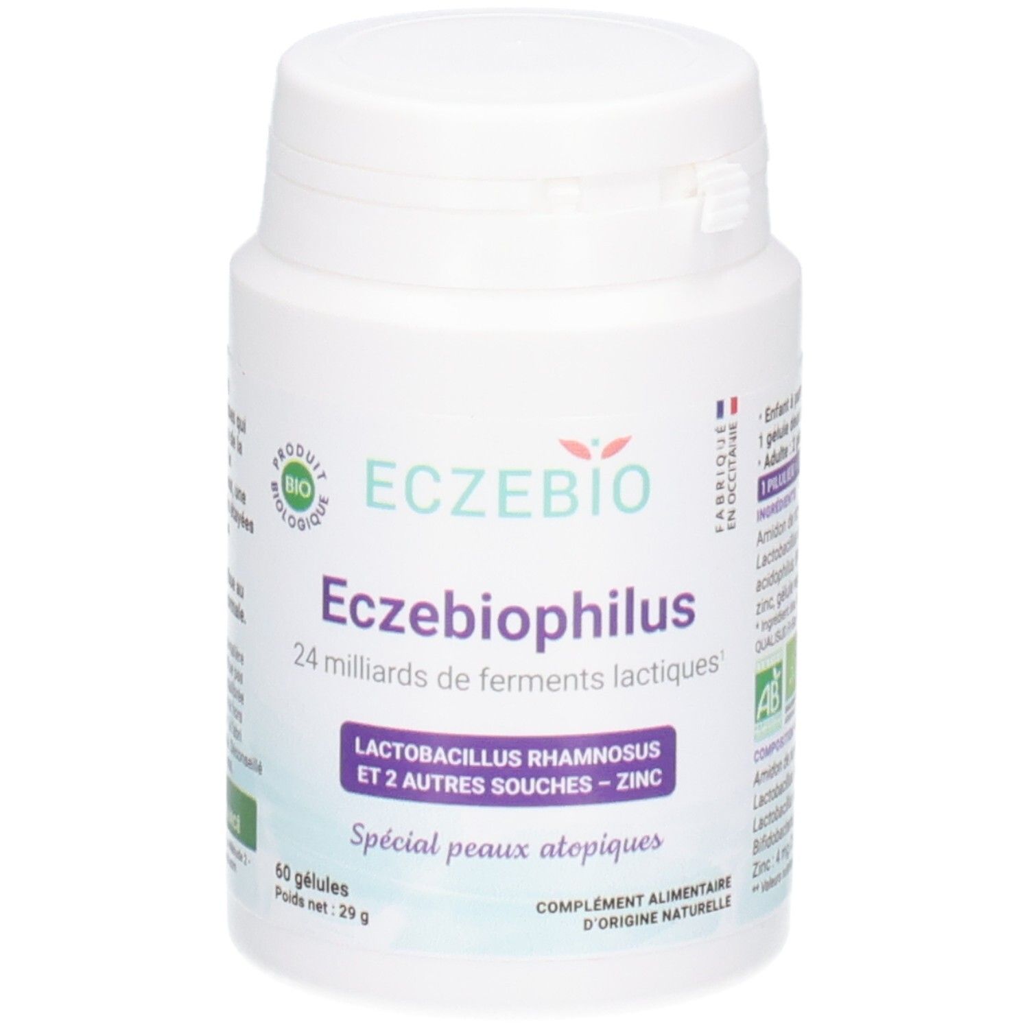 Flacon blanc ECZEBIOPHILUS 60 gélules, pour peaux atopiques, avec label Bio.