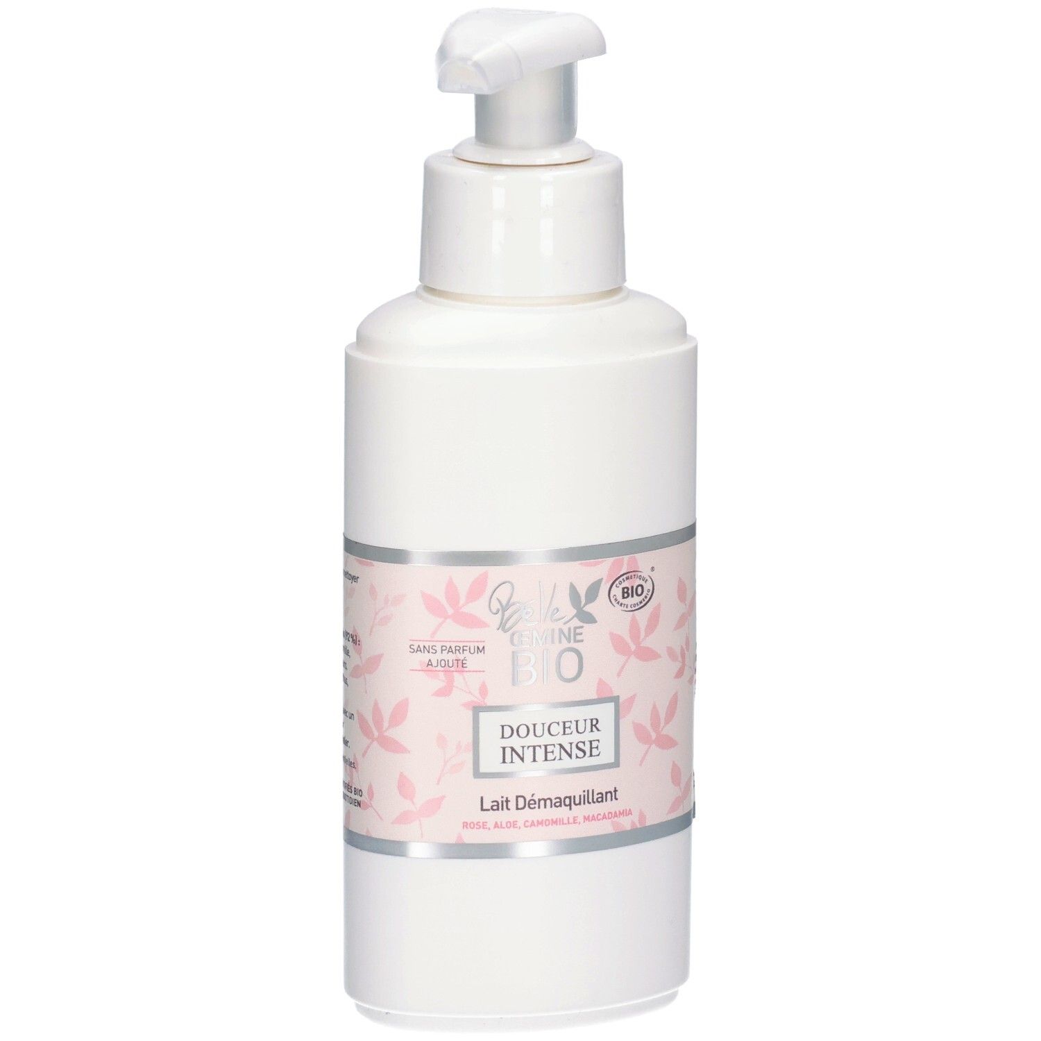 Flacon blanc avec pompe, étiquette "Douceur Intense Lait Démaquillant".