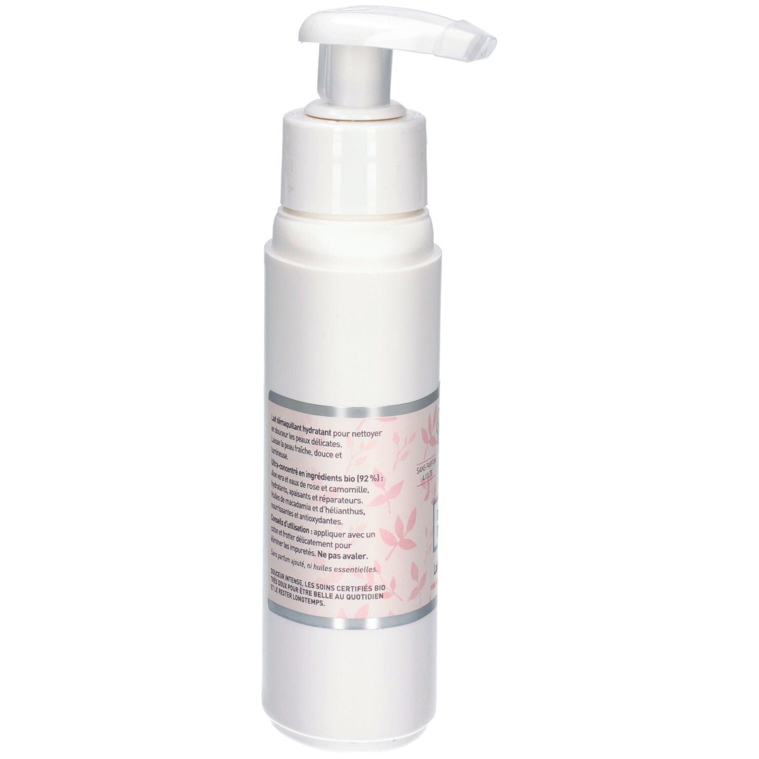 Arrière d'un flacon blanc avec pompe, informations détaillées sur le produit.