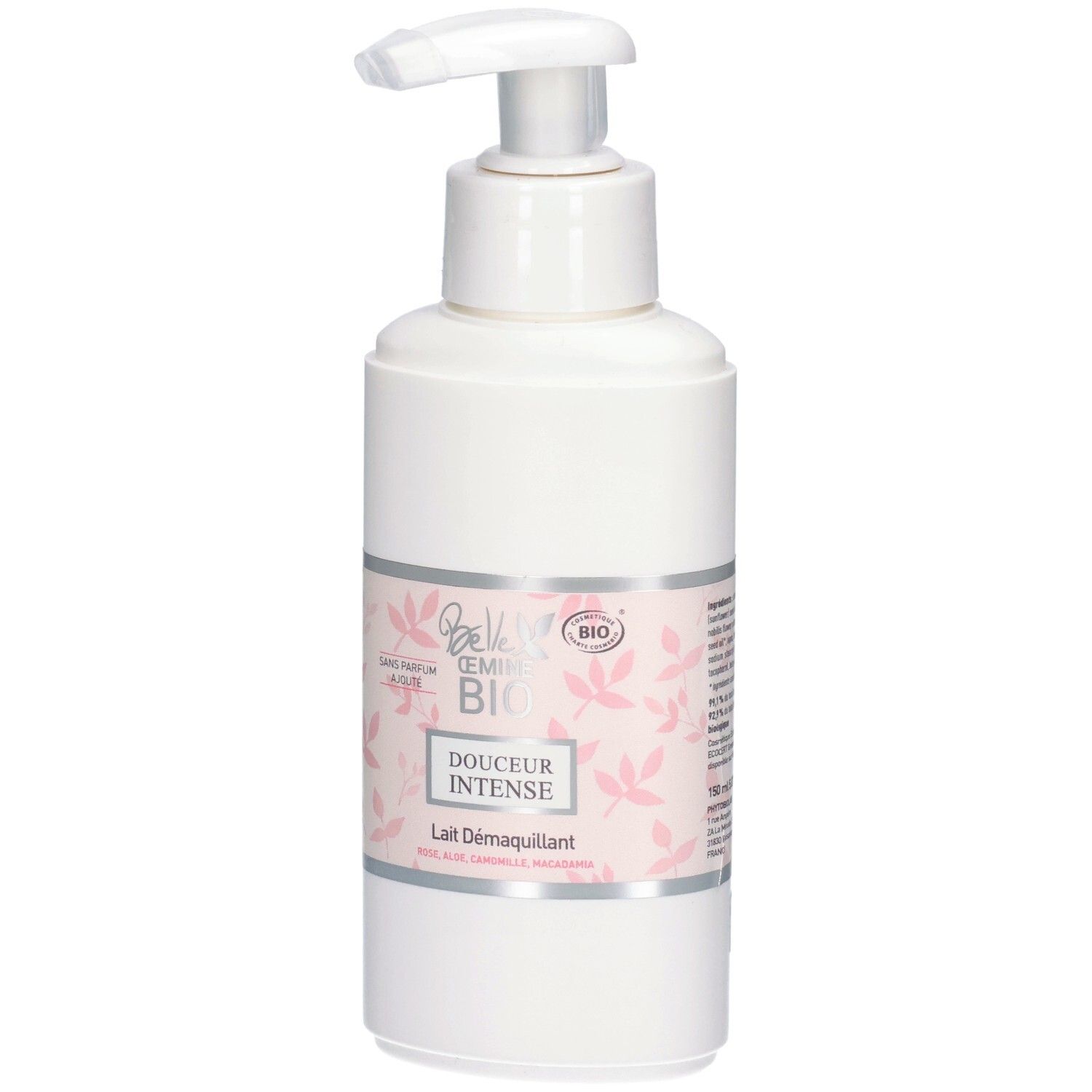 Flacon blanc avec pompe, étiquette "Douceur Intense Lait Démaquillant".