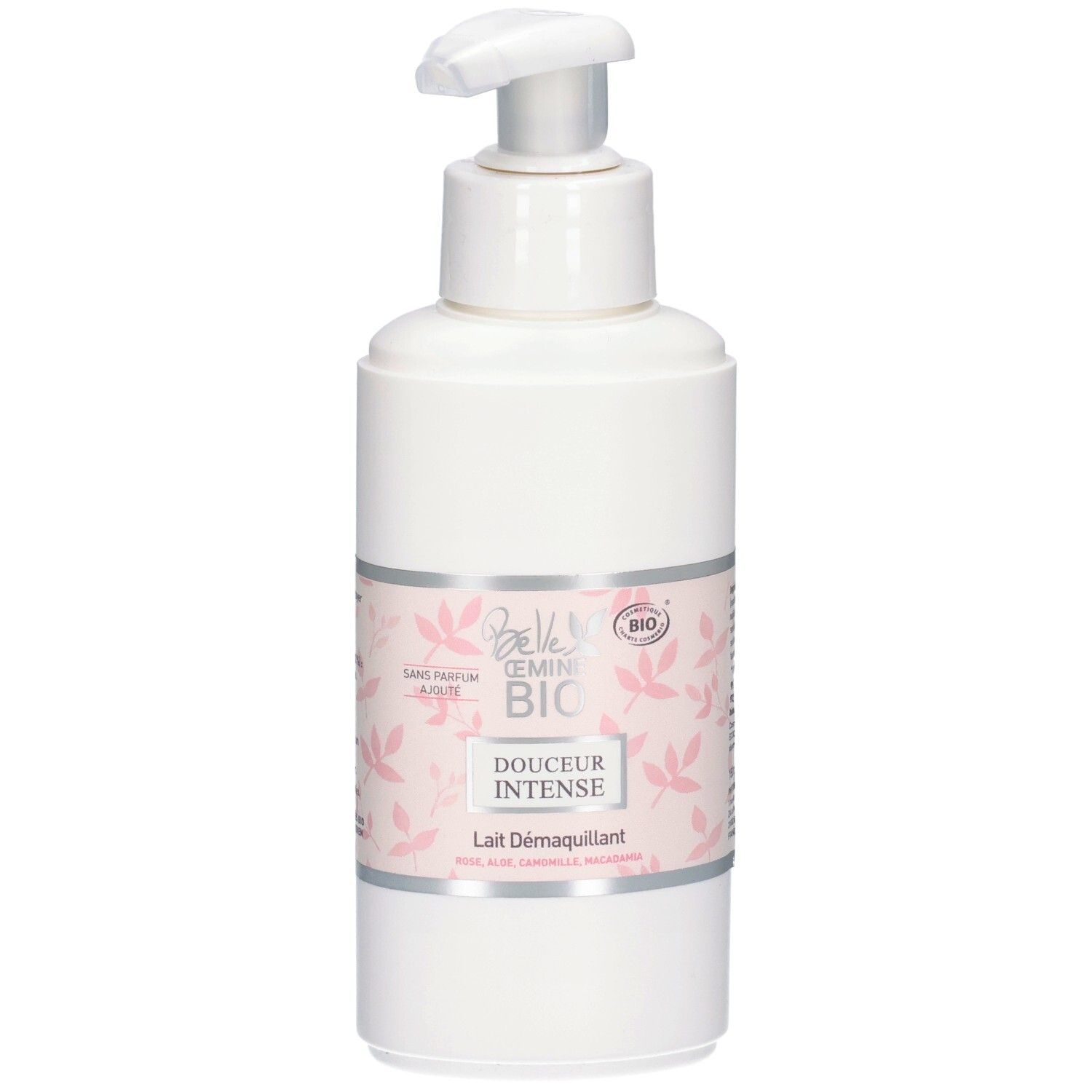 Flacon blanc avec pompe, étiquette "Douceur Intense Lait Démaquillant".