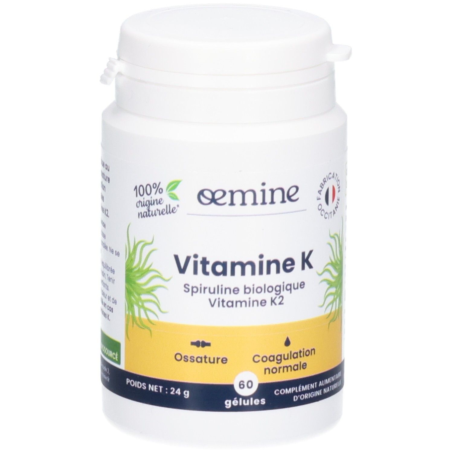 Oemine Vitamine K Gélules: Spiruline naturelle et Vitamine K2 pour os et coagulation.