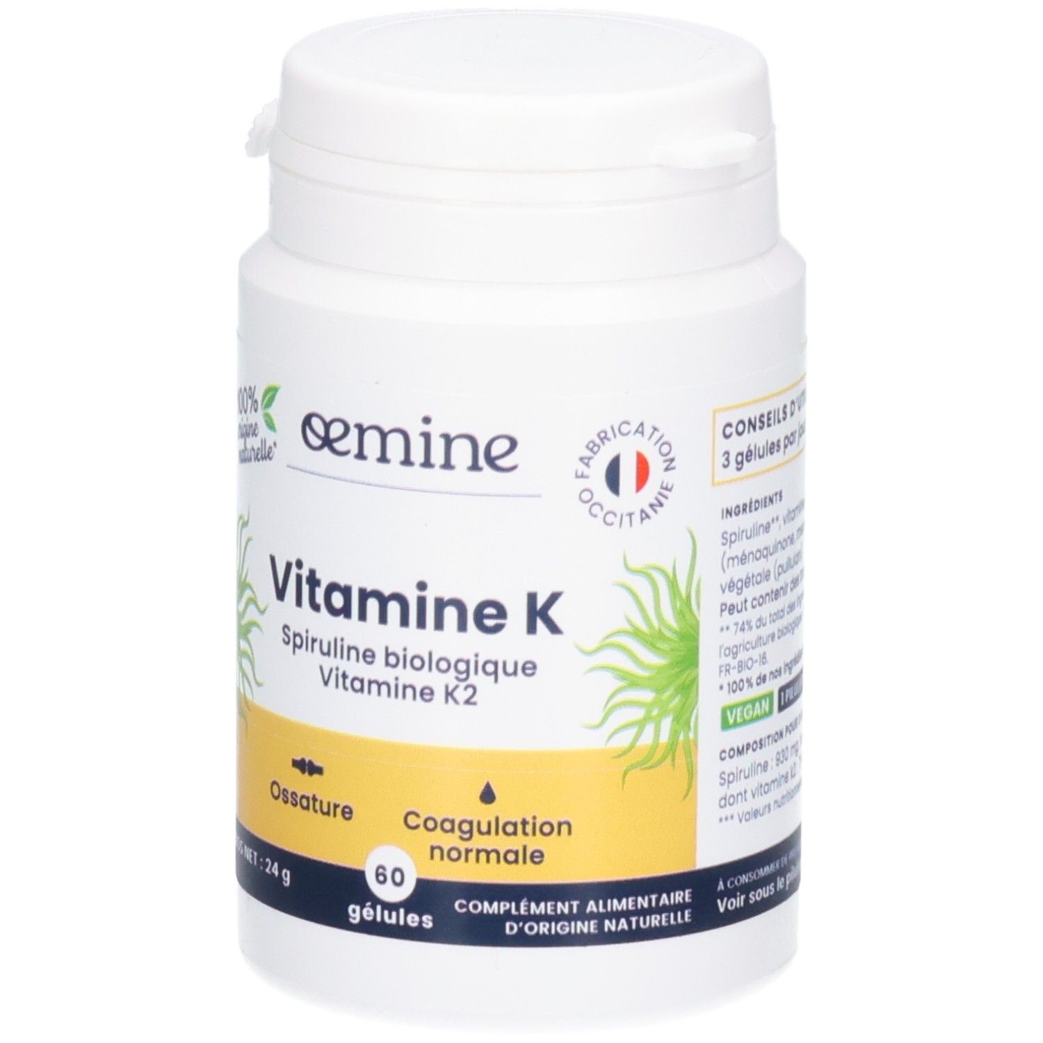 Oemine Vitamine K Gélules: Spiruline naturelle et Vitamine K2 pour os et coagulation.