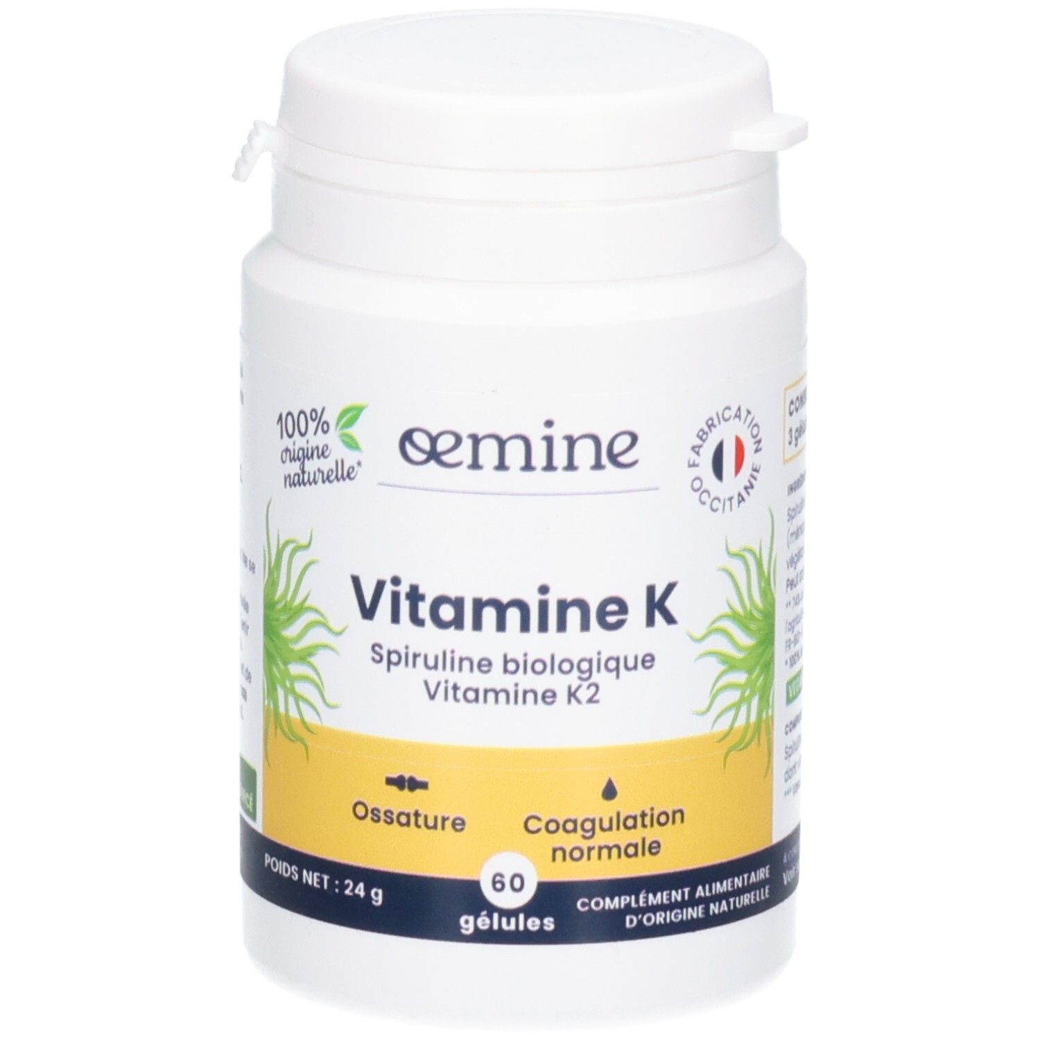 Oemine Vitamine K Gélules: Spiruline naturelle et Vitamine K2 pour os et coagulation.